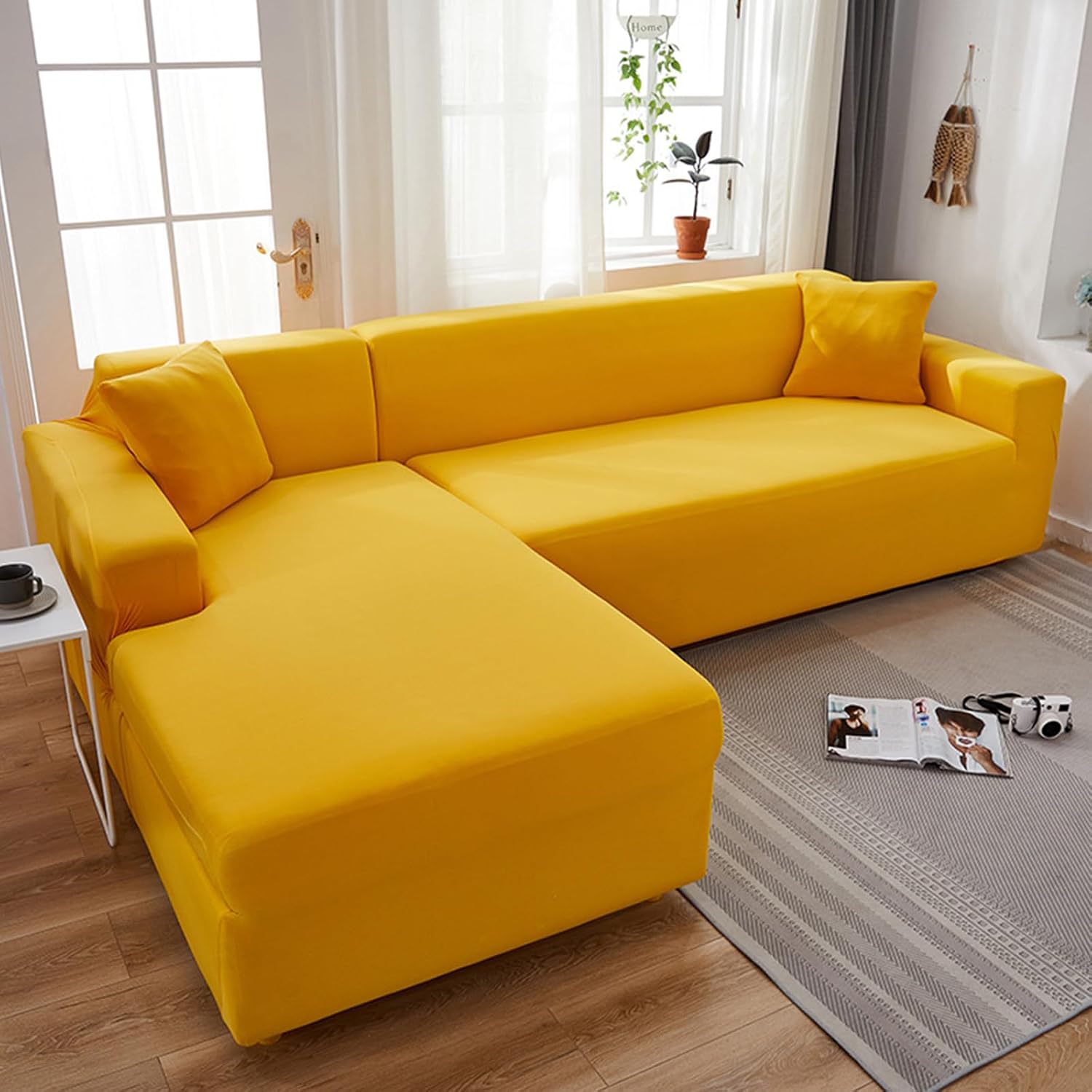 L Shape Sofa,Couch Covers for Sectional Sofa, Washable Stretch Soft Sofa Cushion Covers L Shape Sofa Slipcovers Anti Slip Furniture Decor Protector for Pets (Yellow)