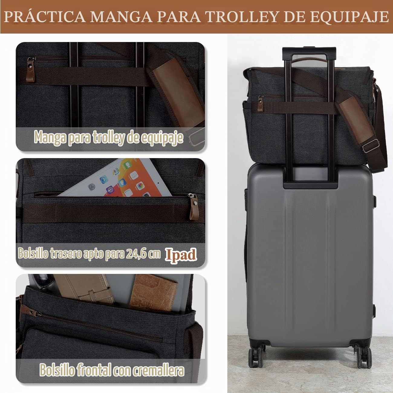 VASCHY Bandolera Hombre Grande, Bolso Mensajero Hombre Bandolera Ordenador Bolso Portátil 15,6 Pulgadas Bolso de Lona con Correa Acolchada para Trabajo Escuela Viaje Uso Diario