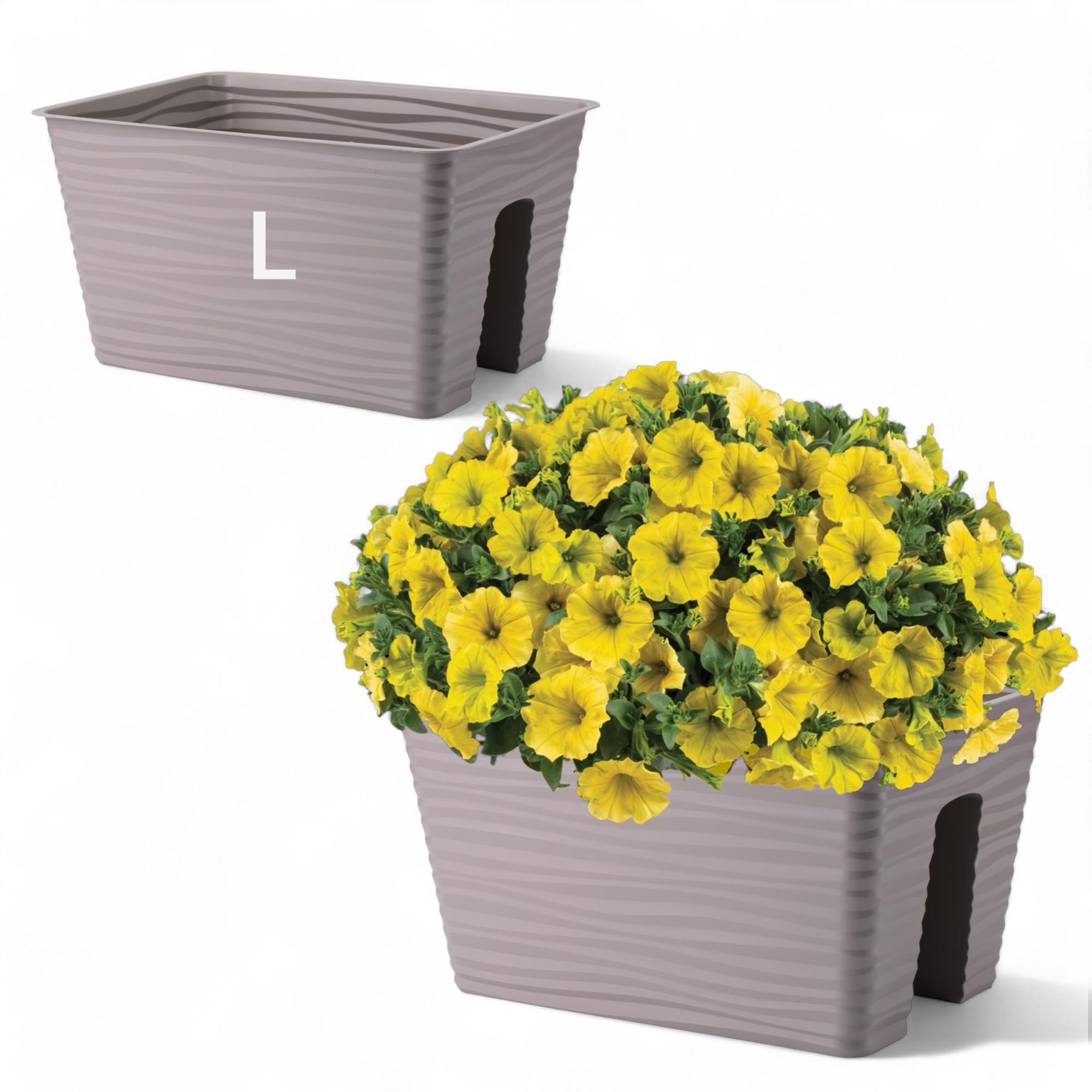 Jardinera para balcón con efecto 3D, ondulada, superficie estriada, color gris, 39 cm x 21 cm, Maceta Jardineras