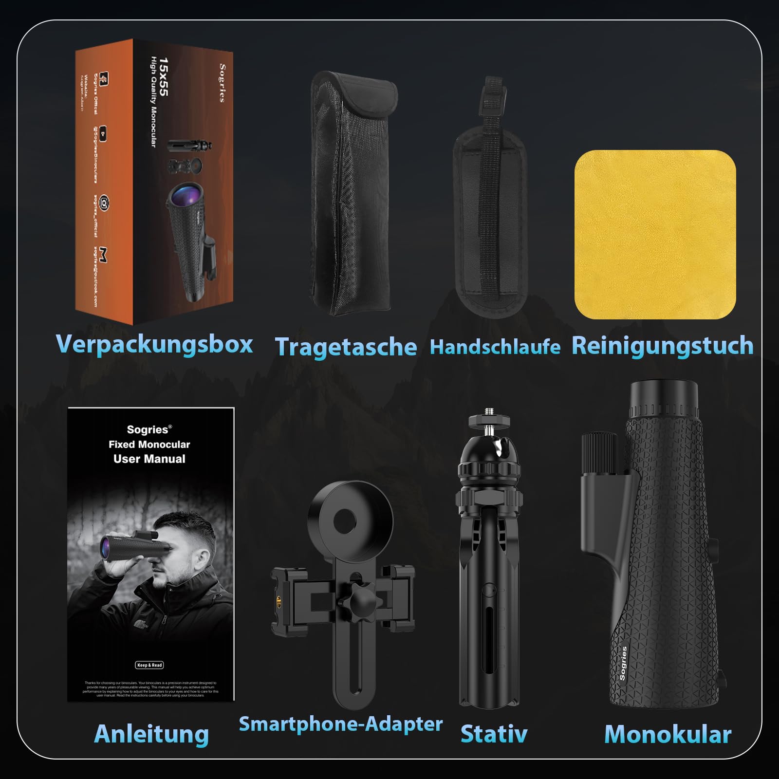 Sogries 15x55 Monokular Fernglas HD mit BAK4 Prisma & FMC Linse, Spritzwassergeschütztes Fernrohr inkl. Höhenverstellbarem 360° Stativ & Handyadapter für Vogelbeobachtung, Wandern & Reisen