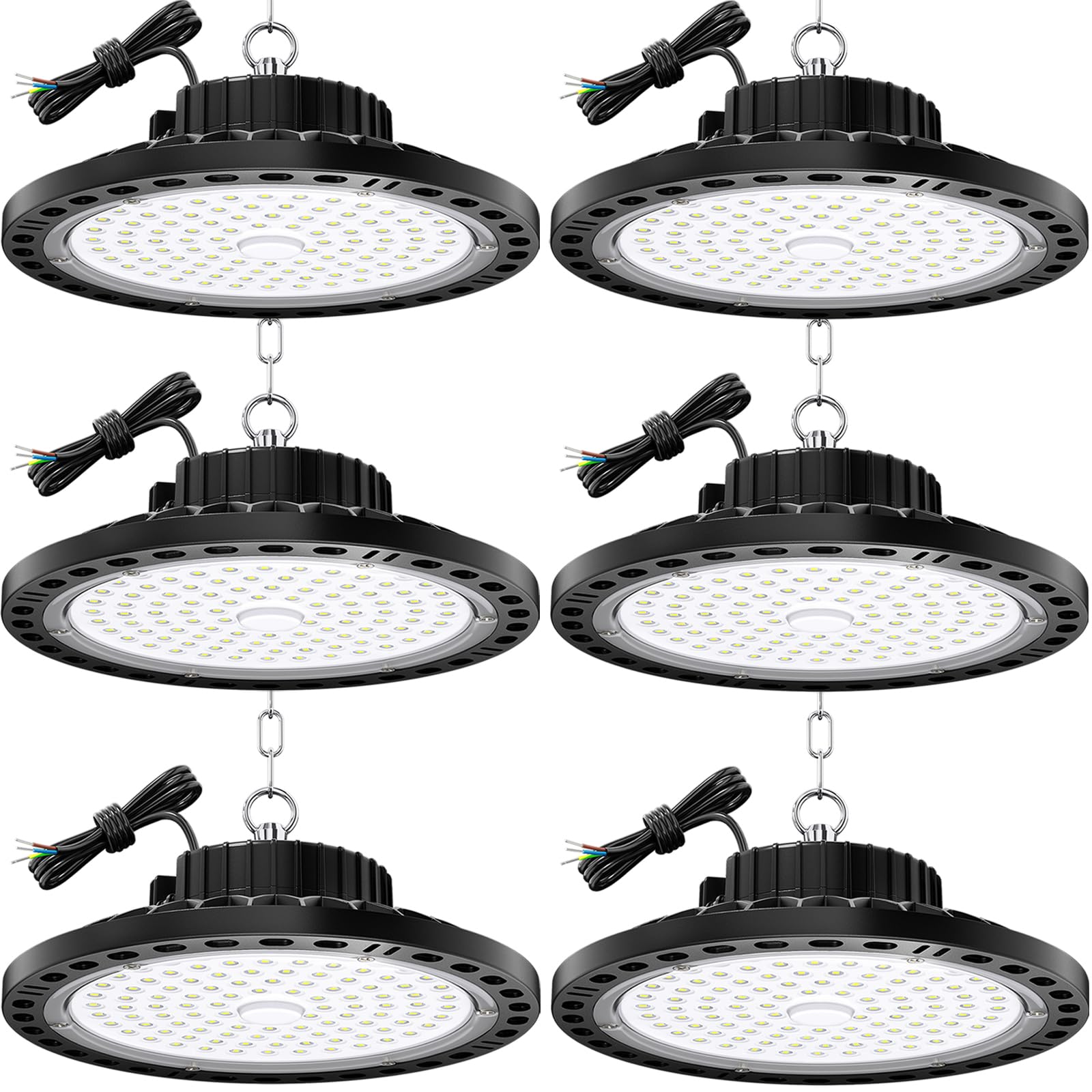 TOPAUBUB 100W LED Hallenstrahler 6 Stück, 10000LM Hallenbeleuchtung LED mit 30 cm Metallkette, Treiber, 6500K IP65 UFO Lampe Industriebeleuchtung für Lagerhalle, Fabriken