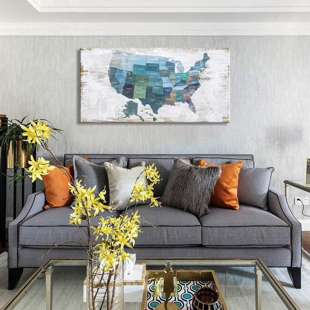 Map of The United States Wall Decor Map Canvas Wall Art for Wall Decoration Wood Background USA Canvas Prints for Bedroom Office Kitchen Home Wall Decor Framed Artwork Ready to Hang30"x60"