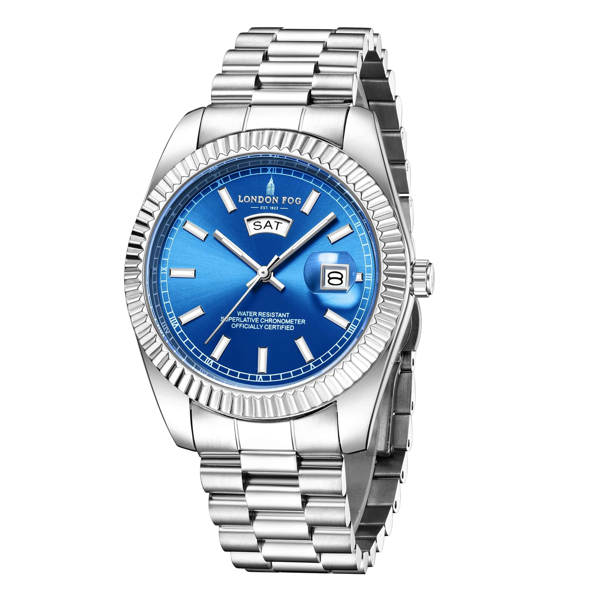 - Oxford Collection Analog Watch for Men with Sunray Dial, Fluted Bezel, Day & Date Display & Stainless Steel Strap