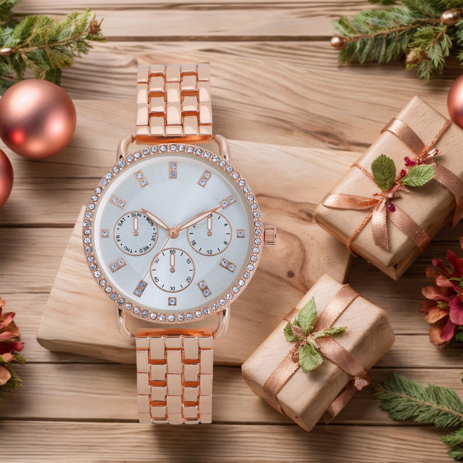 COMTEX Orologio da donna con movimento al quarzo, cinturino intrecciato in oro rosa con decorazione in cristallo, quadrante finto a tre occhi, Oro rosa, Moderno