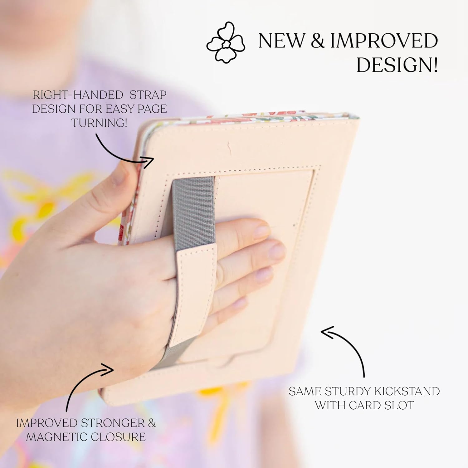 Elyse Breanne Design, Compatible with Basic Kindle Reader, 11th Generation, PU Leather Shell, Smart Device Case Cover, Elastic Hand Strap, Easel Back to Stand Up, Countryside Blooms