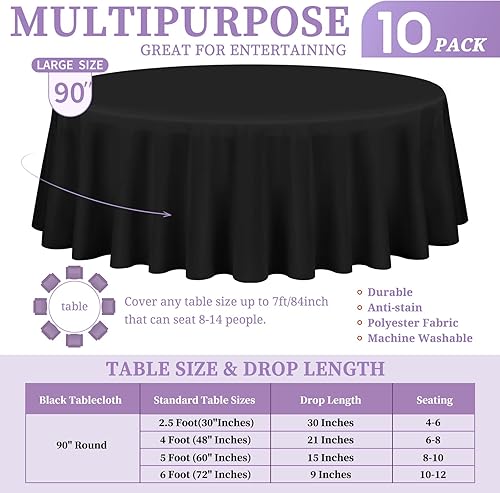 Miniatura 2 de Paquete de 10 manteles redondos negros de 90 pulgadas de poliéster lavables para mesas redondas, resistentes a las manchas y a las arrugas, mantel