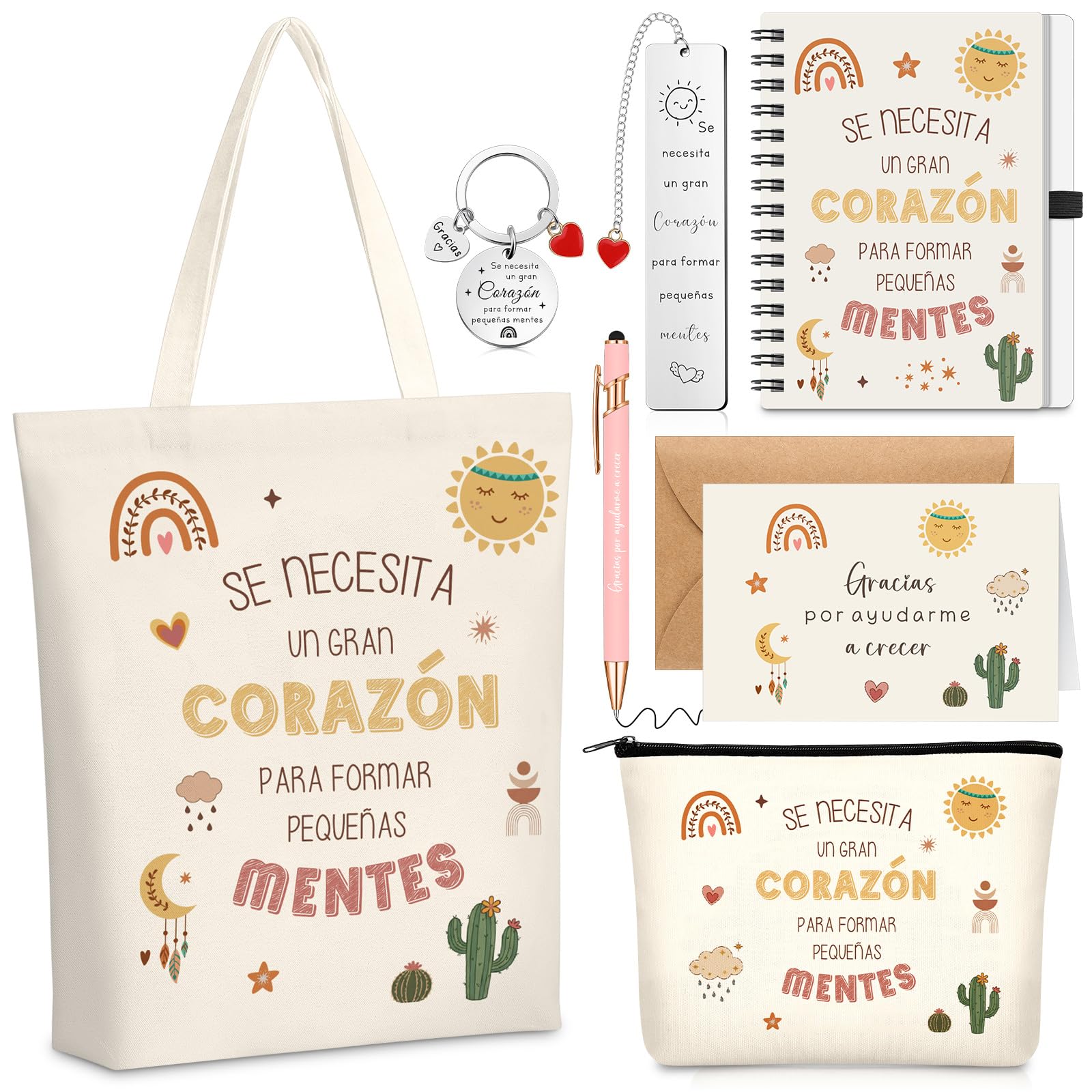 BBTO Set de 7 Piezas Regalo de Agradecimiento para Maestra Bolsa de Compras Neceser de Maquillaje Cuaderno Bolígrafo Llavero Marcapáginas Tarjeta Sobre Regalo para Profesore Graduación Fin de Curso