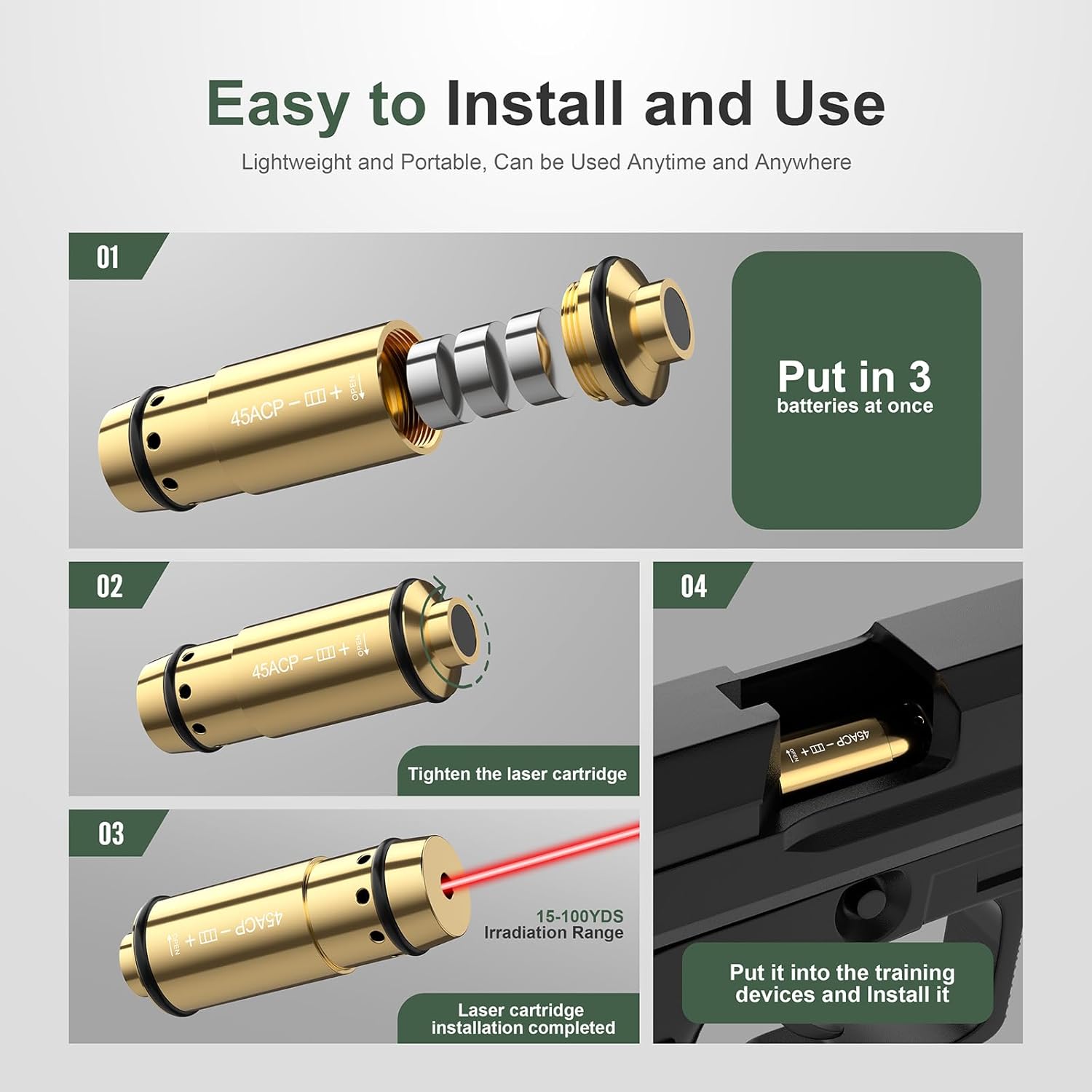 45ACP Laser Training Cartridge Dry Fire Training System with Rubber Snap Cap, O-Rings and 3 Set Batteries for Dry Fire Practice and Shooting Training