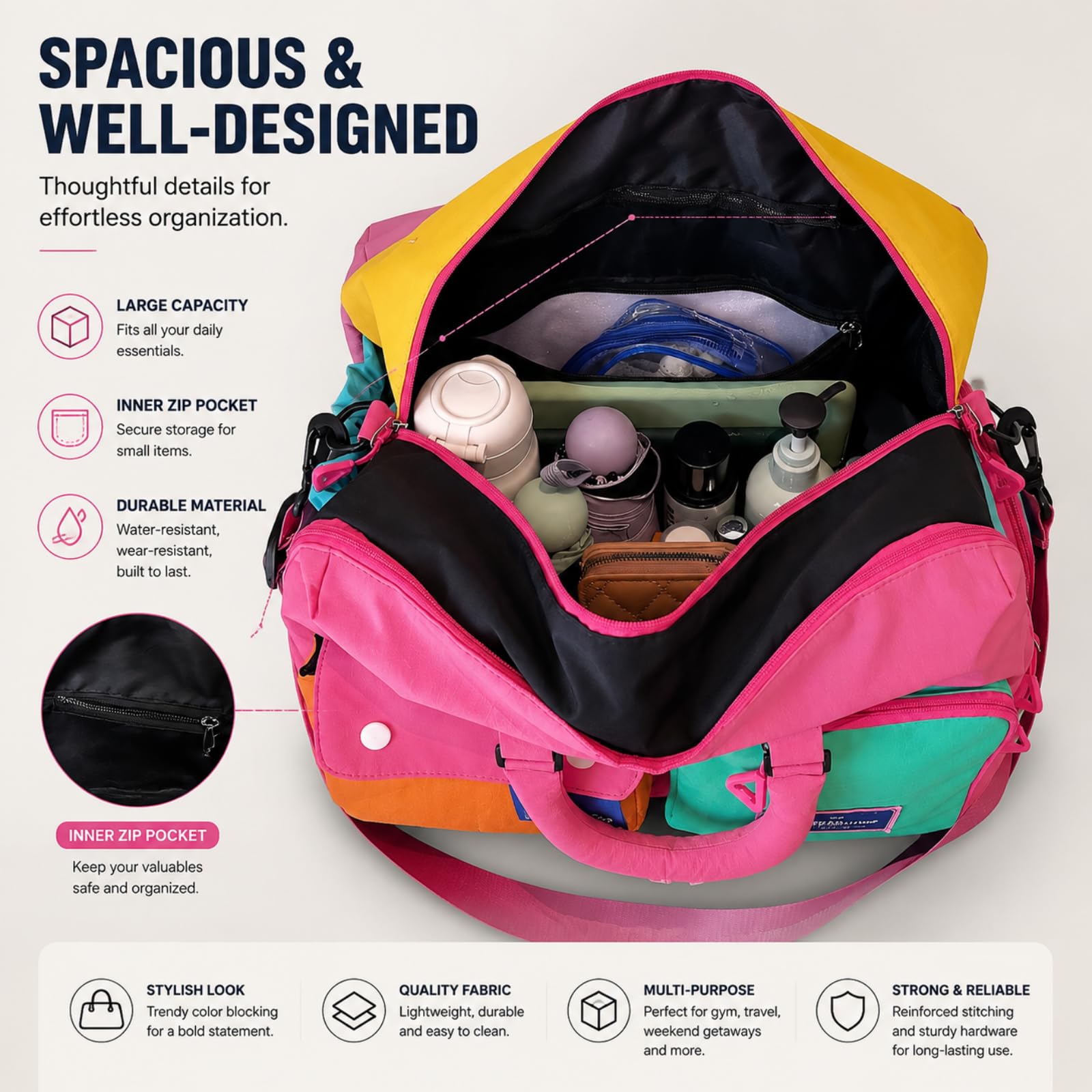 XXDML Sac de Voyage Couleur opamine avec Compartiment à Chaussures, Sac polochon Ultra léger en Nylon pour Hommes et Femmes, Sac Week-End avec Sangle pour Trolley pour Escapade en Avion.