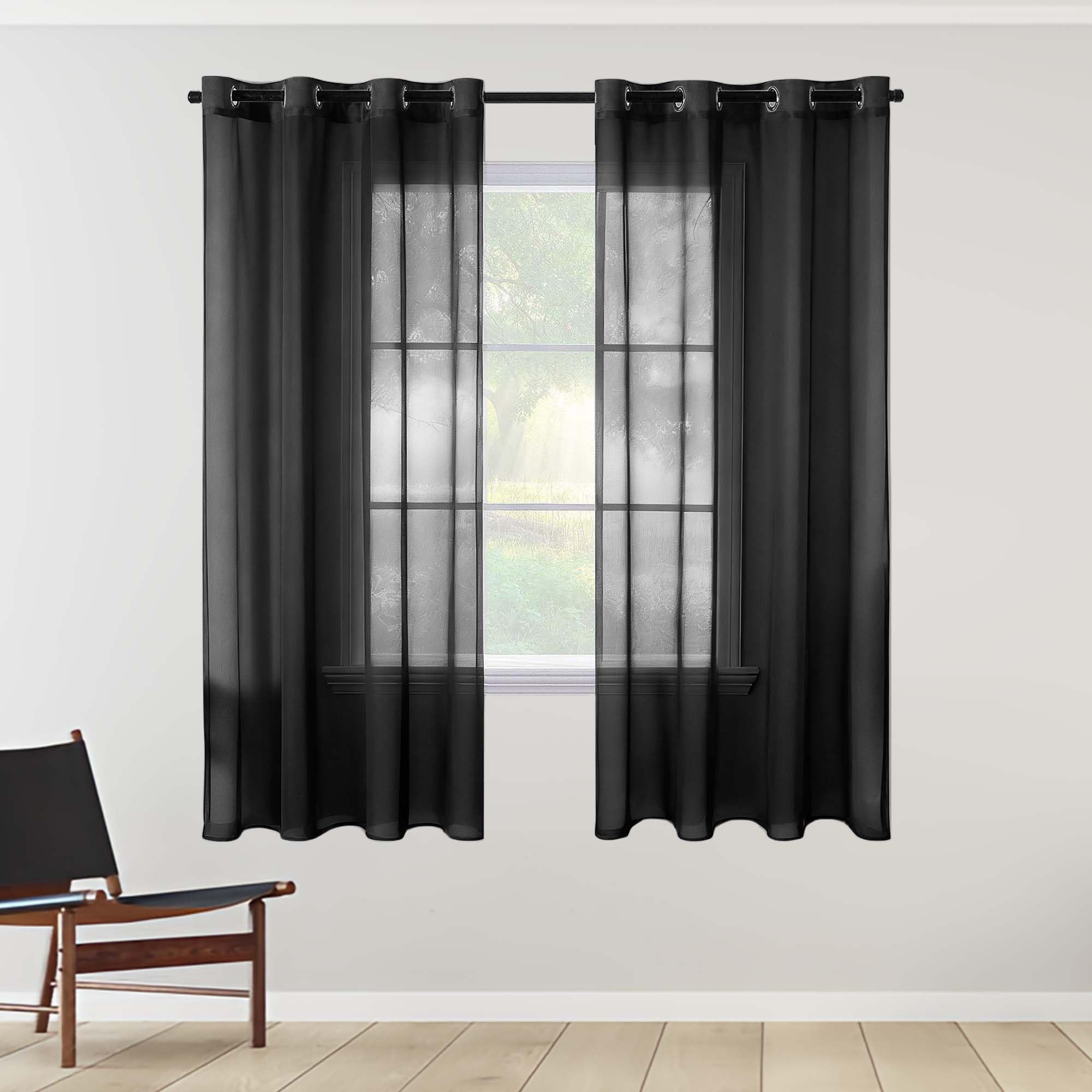 Rideau voilage transparent 400x345 cm noir à oeillets pour salon