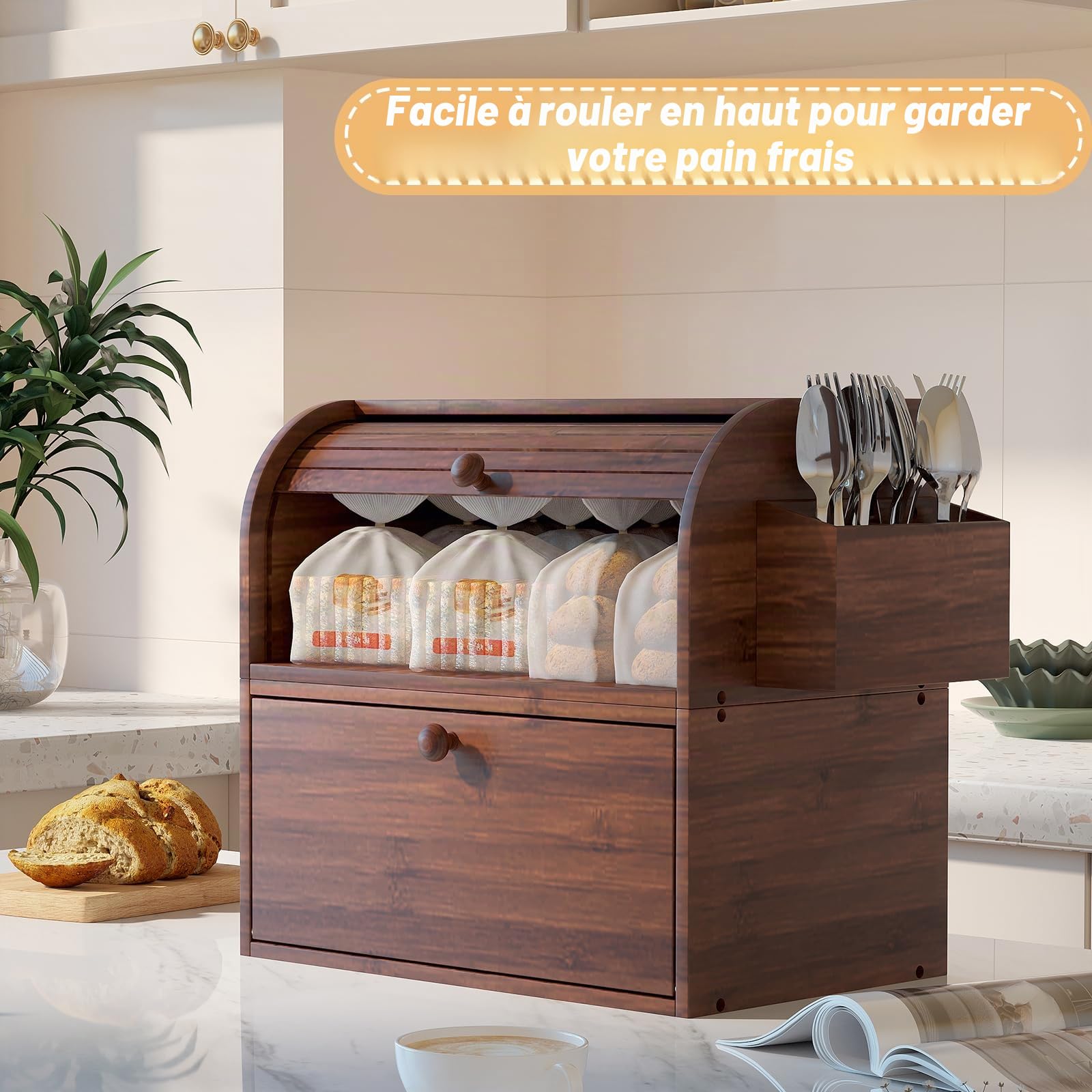 TQVAI Boite à Pain Vintage Bois 2 Niveaux Avec Couvercle Enroulable Countertop Huche à Pain Moderne Multifonctionnelle Boite de Rangement Cuisine, 37,95 x 24,9 x 36,06 CM, Marron