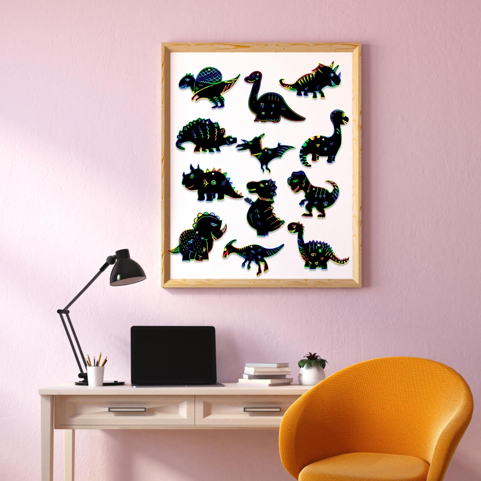 TAZEMAT 48 Pics à Gratter Dinosaures – Kit Créatif Avec 12 Stylets Et 48 Rubans – Activité Manuelle Halloween Anniversaire – Dès 3 Ans