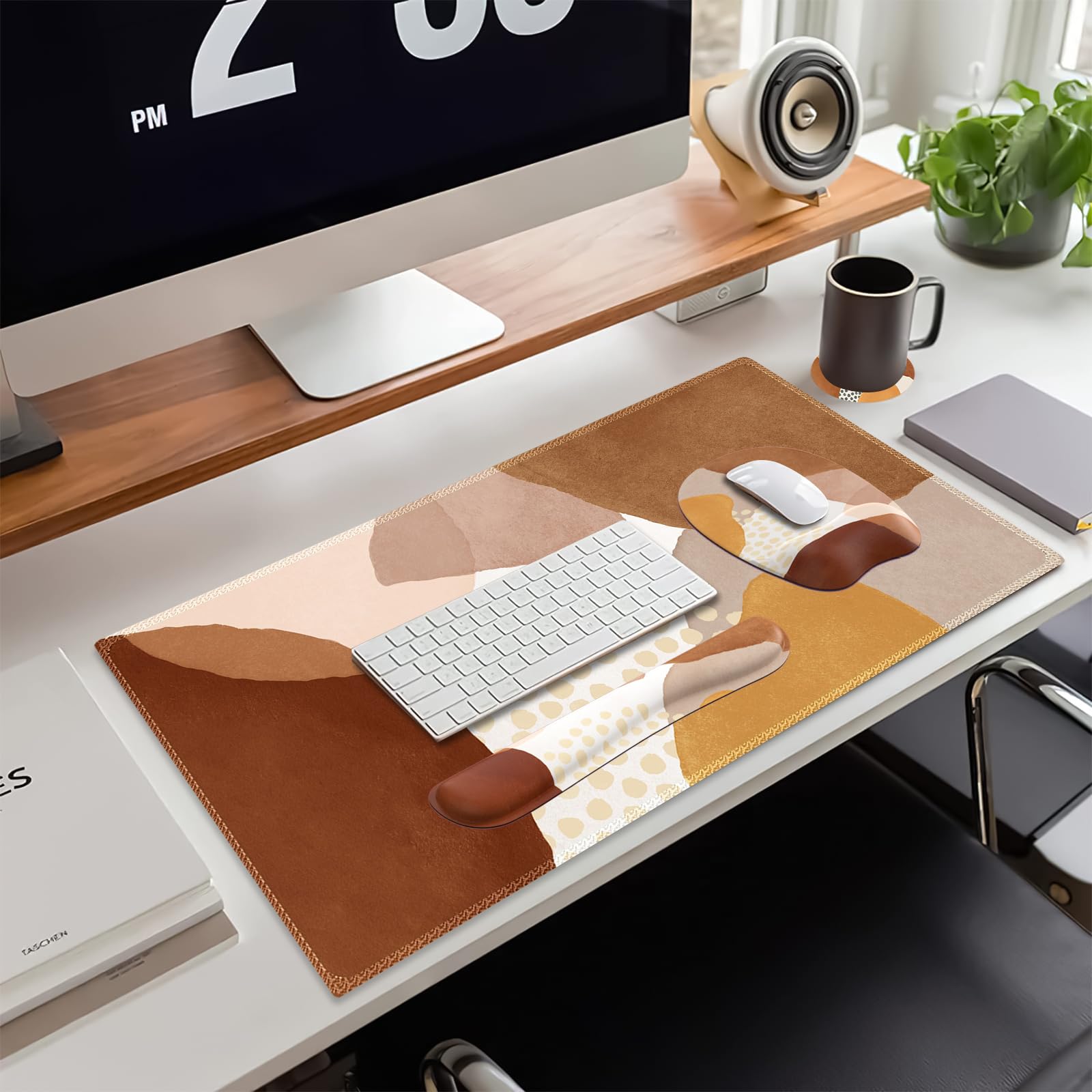 Tapete de escritorio, alfombrilla de mouse grande para juegos con reposamuñecas, reposamuñecas para teclado, almohadilla de escritorio ergonómica 4 en 1 con juego de posavasos, almohadilla de