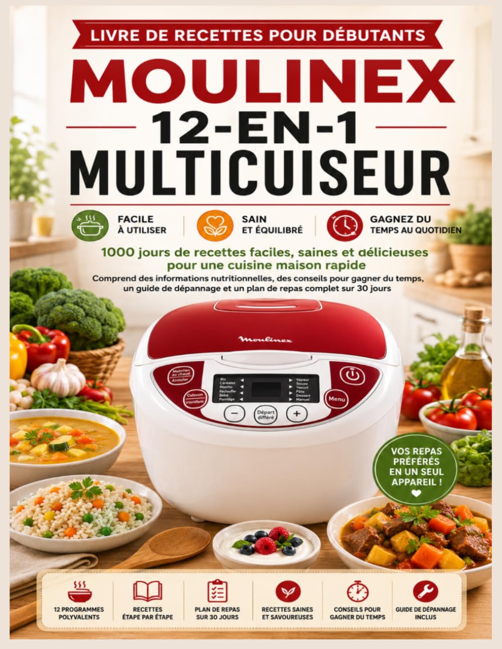 LIVRE DE RECETTES POUR DÉBUTANTS MOULINEX 12-EN-1 MULTICUISEUR: 1000 jours de recettes faciles, saines et délicieuses pour une cuisine maison rapide ... gagner du temps, un guide de dépannage et un