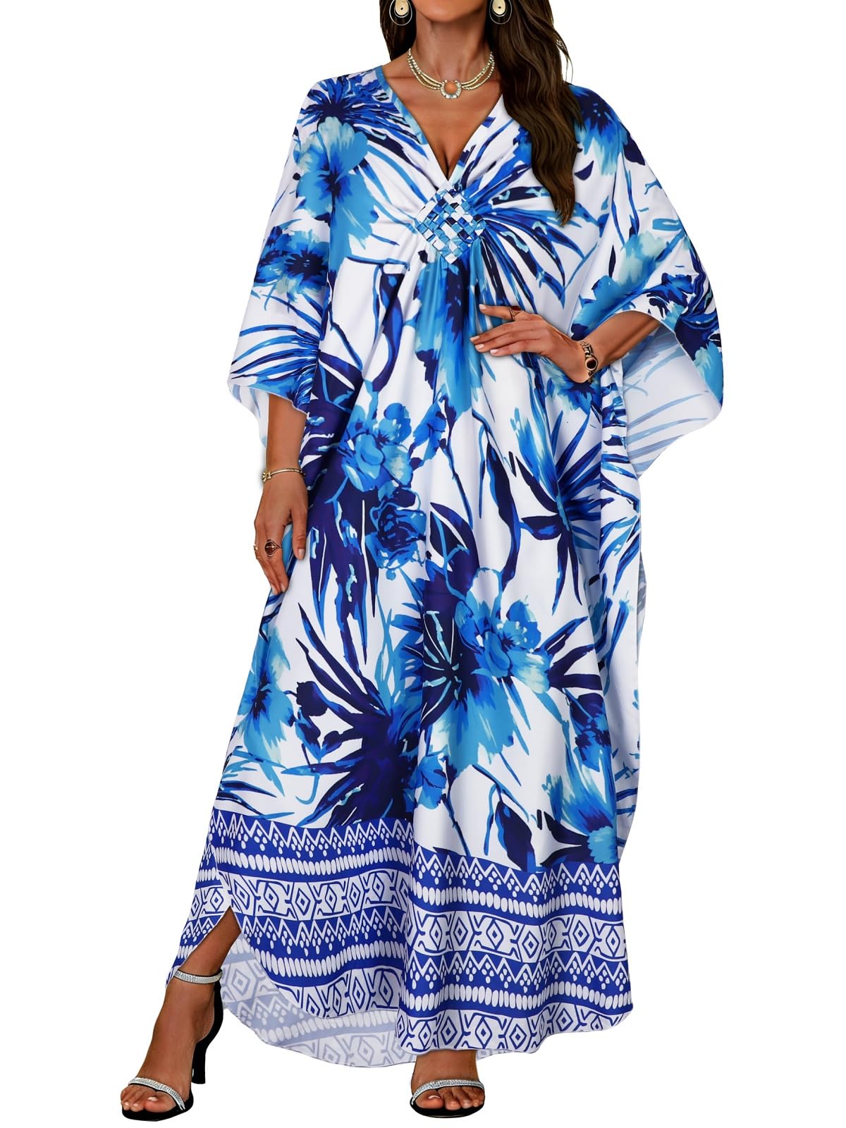 jiluvin Kaftan Dresses for Women Plus Size V Neck Caftans Long Batwing Sleeve Beach Cover Ups Summer Floral Print Dress-picture-28