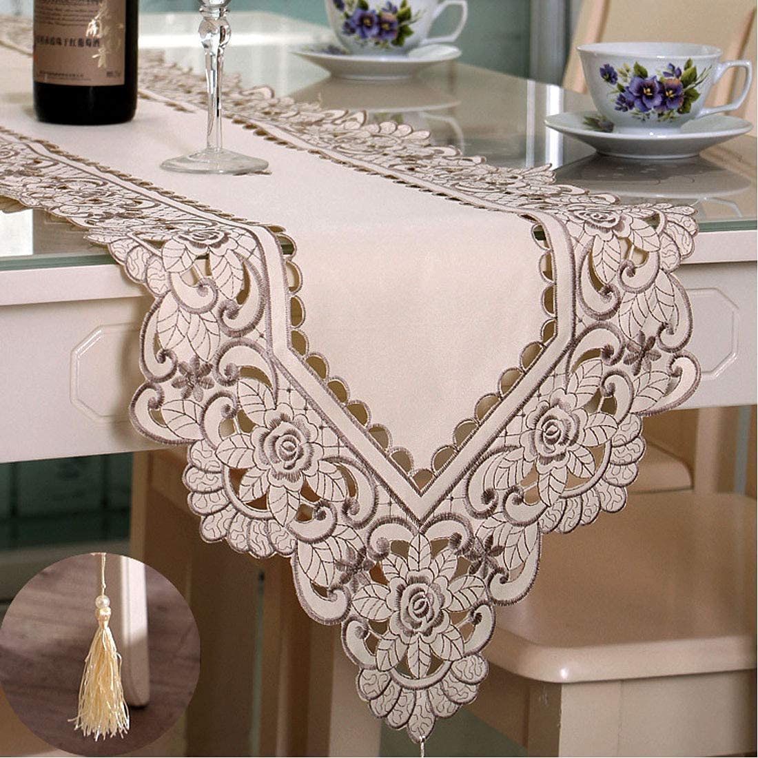 LeLehome15 Inch X 96 Inch Table Runner, Classic Brown Flowers Embroidery Home Dining Restaurant Kitchen Dresser Scarves Decoration Tapestry