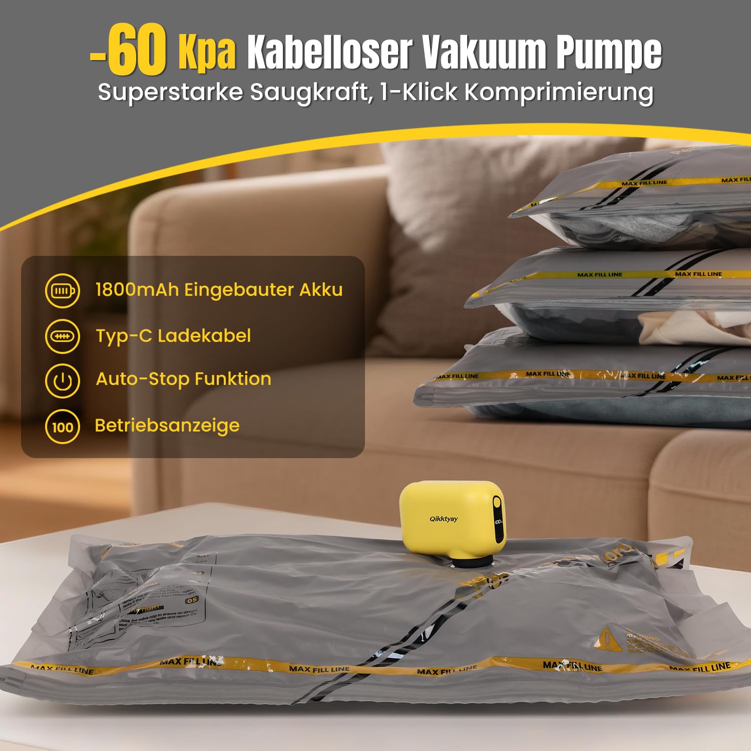 Vakuumbeutel für Kleidung mit Kabellose Vakuumpumpe – 15er Set Vakuumbeutel Reise (40×40/40×50/40×60 cm), ideal für Reise & Aufbewahrung – Vacuum Bags for Clothing Travel & Storage