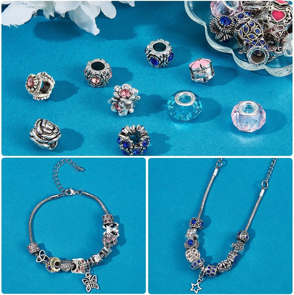 PH PandaHall 60 Styles Large Hole European Lampwork Beads Murano Glass Beads Rhinestone Spacers Metal Dangle Pendant Charms for Snake Chain Bracelet Bangle Necklace, 60pcs - Image 4