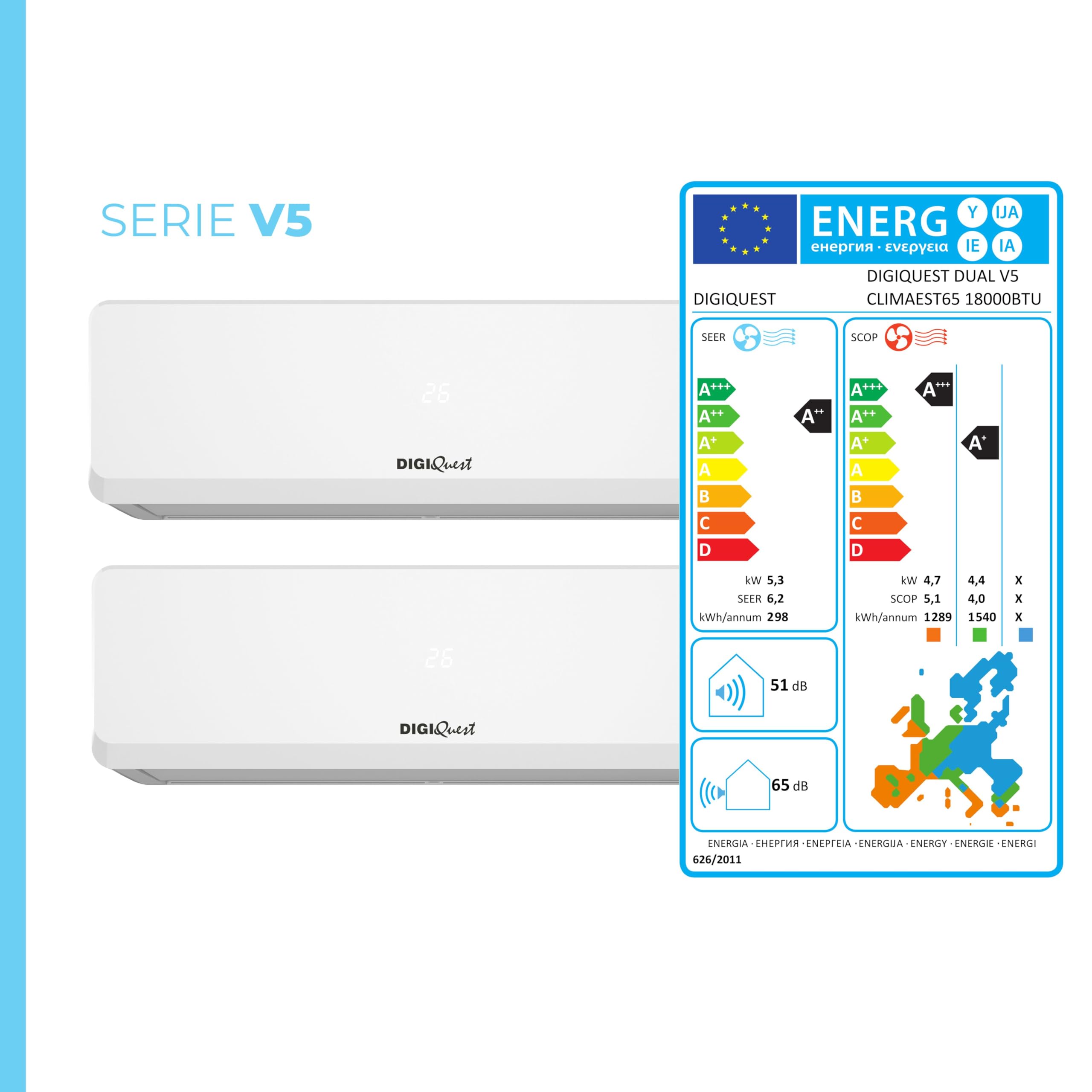 Climatisation Digiquest Dual Inverter V5 9000+12000 Wi-Fi R32 Classe d'efficacité énergétique A++ Refroidissement/A+++ Chauffage I Feel 3D Flux d'air Turbo Nuit SEER 6,2 SCOP 5,1 CLIMA00066