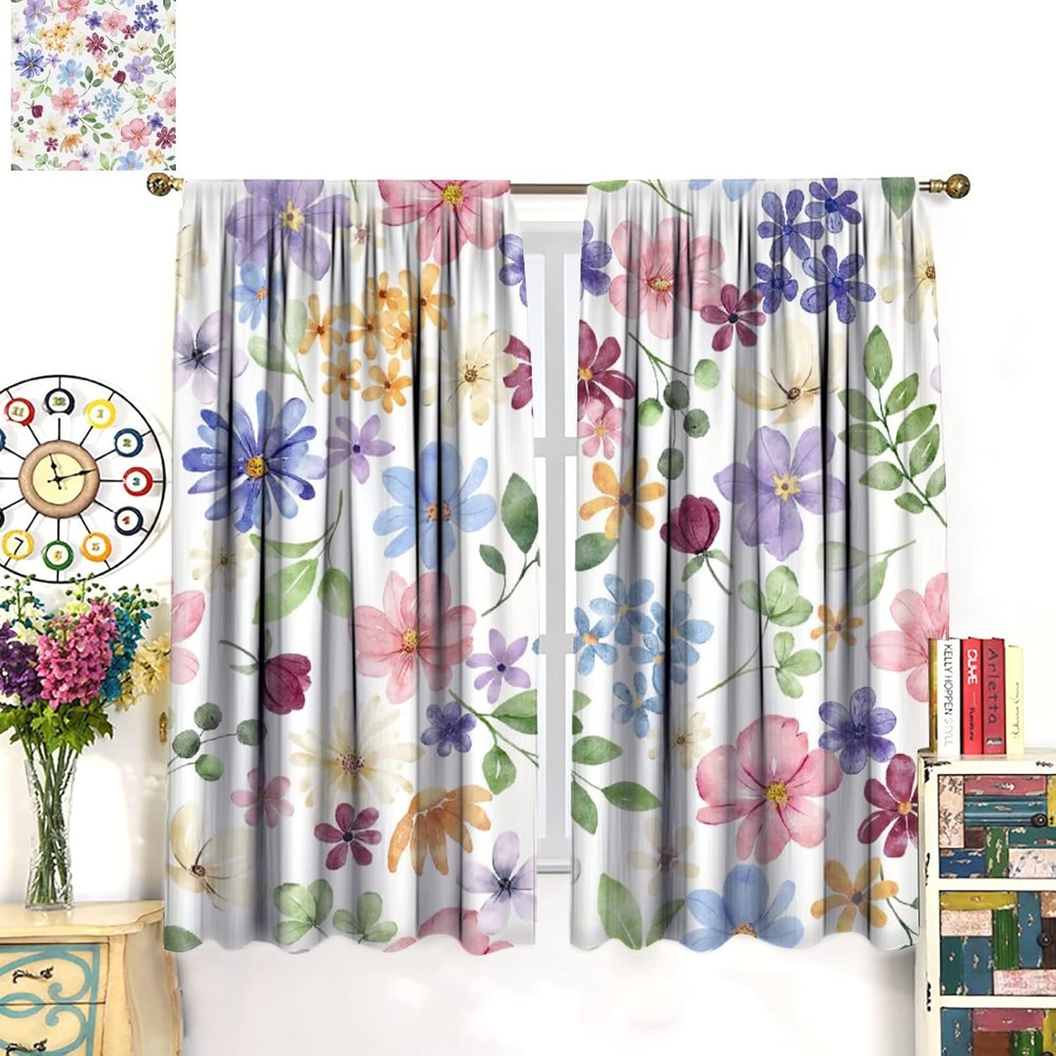 Floral Blackout Curtains, Spring Watercolor Flower Plant Rustic Modern Style Pattern for Bedroom Living Room, 2 Panel Set,42X54 Inch