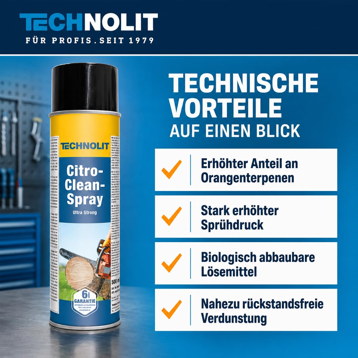 TECHNOLIT Citro Clean Spray Ultra Strong 5x 500 ml | Fettlöser | Gegen Klebstoff, Graffiti, Harz & Teer | Hoher Sprühdruck | Silikonfrei | Für Textilien, Maschinen, Metall, Gastronomie