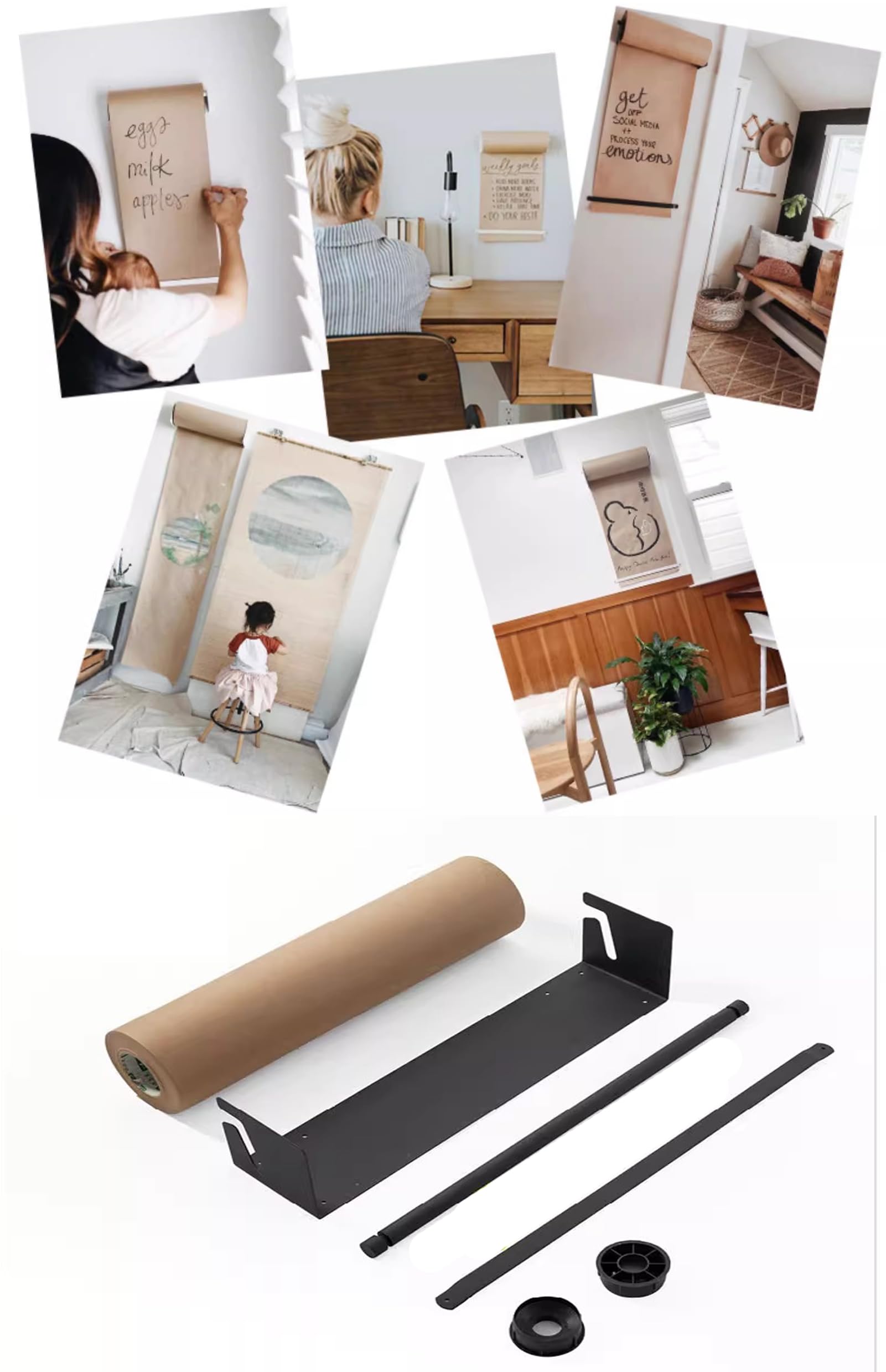 Porte-Rouleau de Papier Kraft Brun Mural, Distributeur de Rouleau de Papier Kraft à Dessin et de Papier Boucher avec Barre de Coupe, pour la Maison, l'école ou Le Bureau, Noir, 97 cm