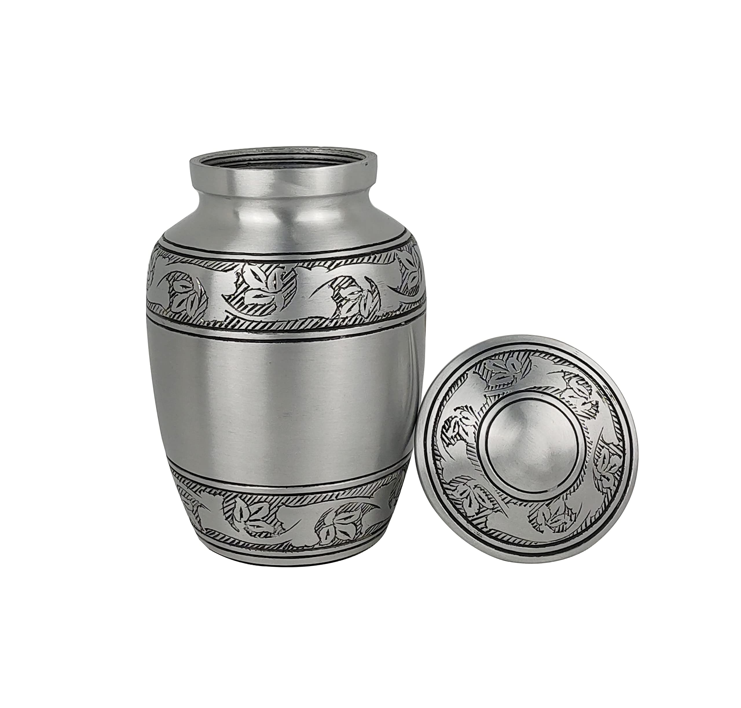 Hand Carved Medium Cremation Urn For Human Ashes - Engraved Pewter Finish, 6 Inch Silver Urn - View #7