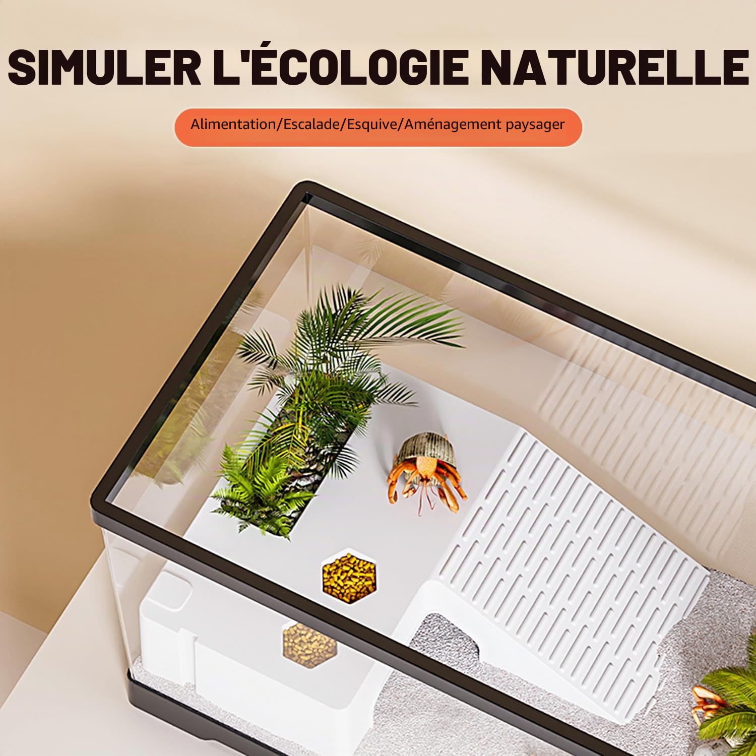 Aquarium pour tortues avec plateforme et drainage inférieur, 40,1 x 20,3 x 22,4 cm, pour tortues juvéniles, écrevisses, crabes, amphibiens, reptiles - Noir