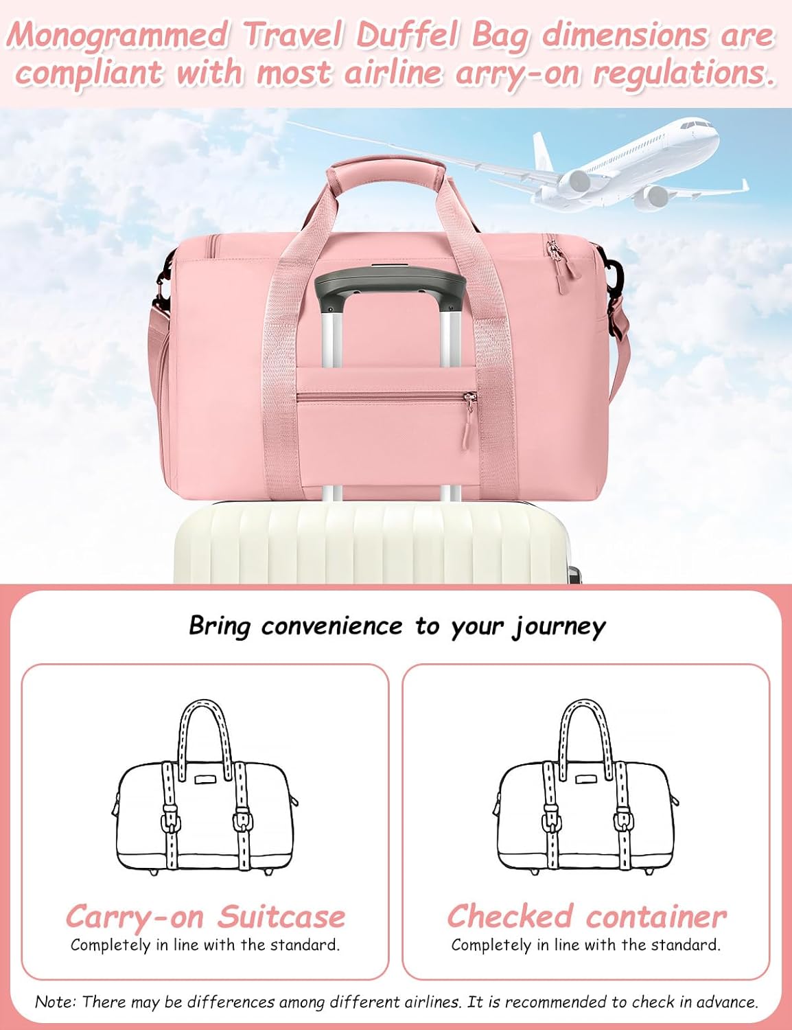 Gifts for Girls Women, Initial kids Duffle bag with Shoe Compartment, Personalized Duffle Bags for Girls Gym Bag, Birthday Gifts for Kids Women Daughter Sister Friend Wife, Pink M