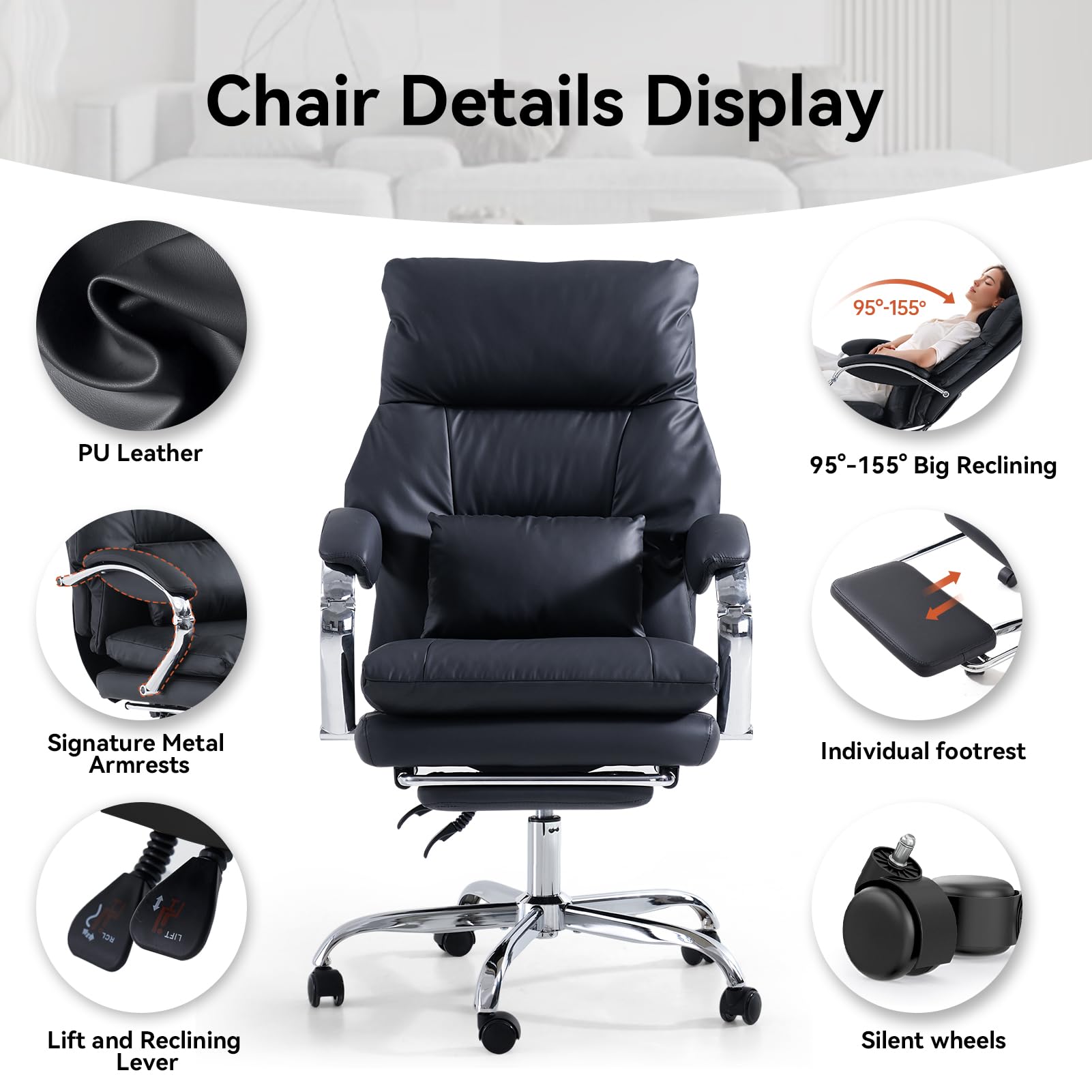 EMIAH Sedia da Ufficio Direzionale con Poggiapiedi, Comoda Sedia Scrivania con Braccioli, Poltrona Ufficio Ergonomica Reclinabile in Pelle PU con Ruote, Sedia per Computer con Cuscino Ispessito, Nero