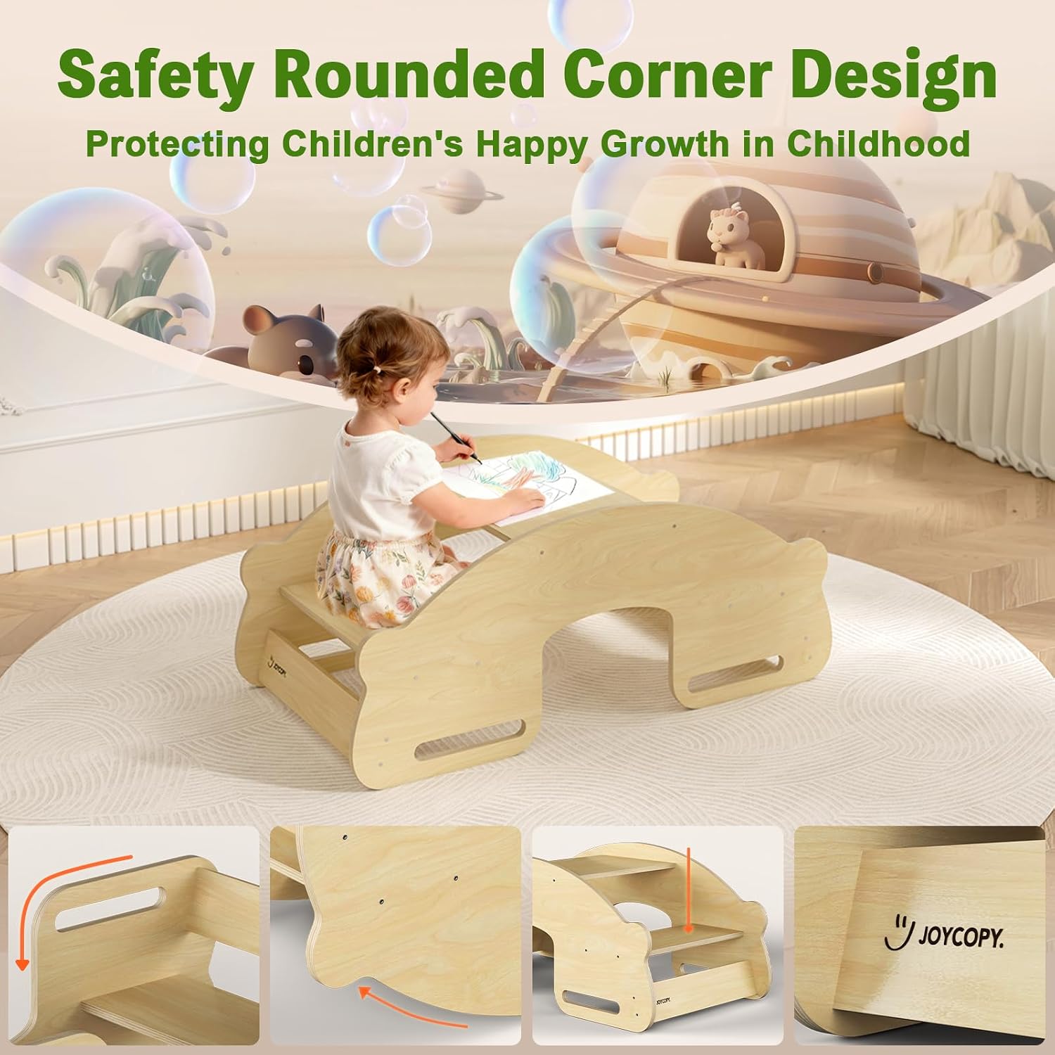 3-in-1 Kids Table and Chair and Kid Seesaw - Convertible Activity Table with Twin Chairs Montessori Balancing Toy,Teeter Board for Children,Birchwood
