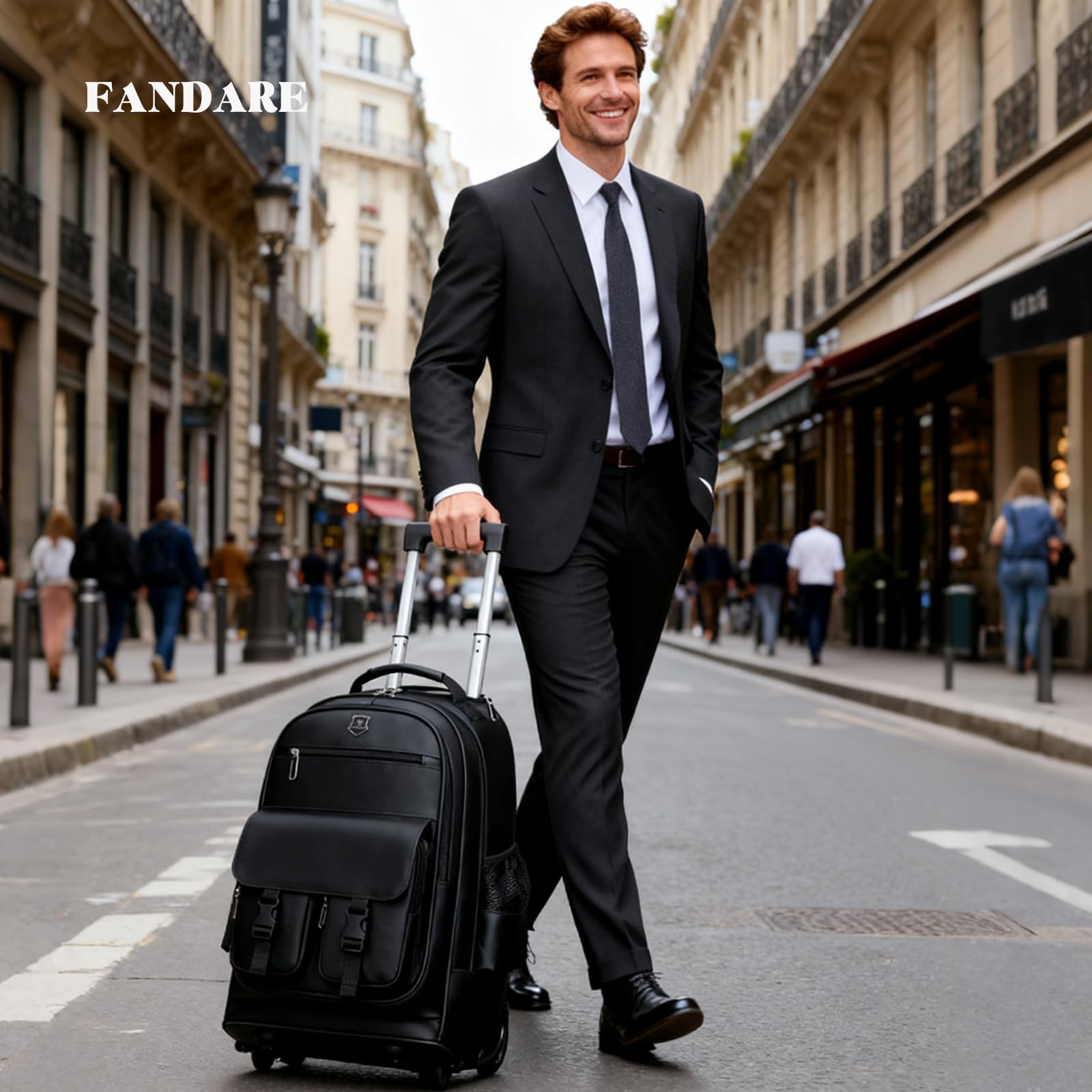 FANDARE 2 in 1 Business Trolley Rucksack Reiserucksack mit schnell laufenden Rollen Herren Laptop-Trolley Handgepäck Koffer Rolling Notebook bis 15.6 Zoll Reisetasche Arbeit Reisekoffer Aaktenkoffer