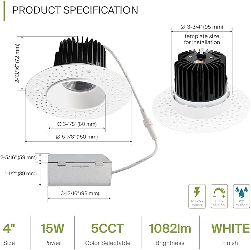 Miniatura 2 de ASD Iluminación LED empotrable sin bordes de 4 pulgadas, 15 W 120-277 V, lámpara de techo LED regulable comercial sin lata, con caja J, 5 CCT
