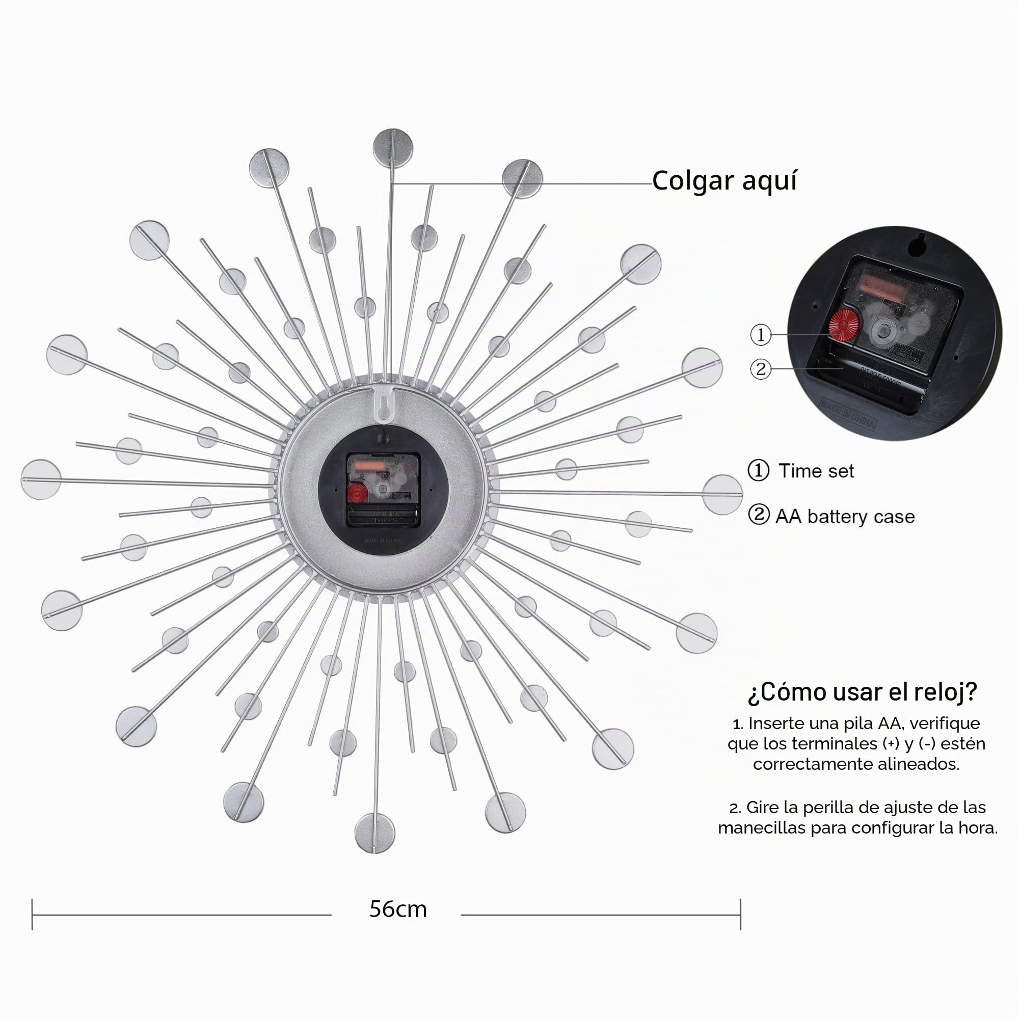 Lafocuse 56cm Reloj de Pared Estrellas de Strass Grande Salon Moderno Plateado, Silencioso Metal Decorativo Reloj Cuarzo 3D Sunburst Mid Century Creativo para Cocina Dormitorio Comedor Oficina