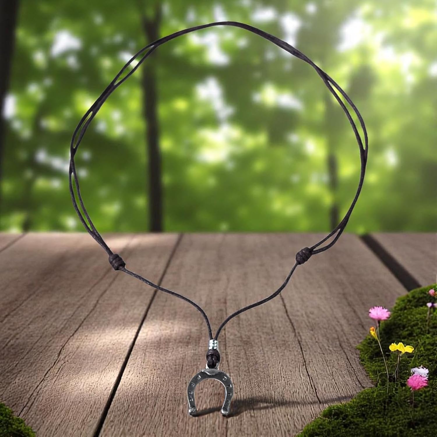 BlueRica Horseshoe Pendant on Adjustable Brown Cord Necklace - Image 4