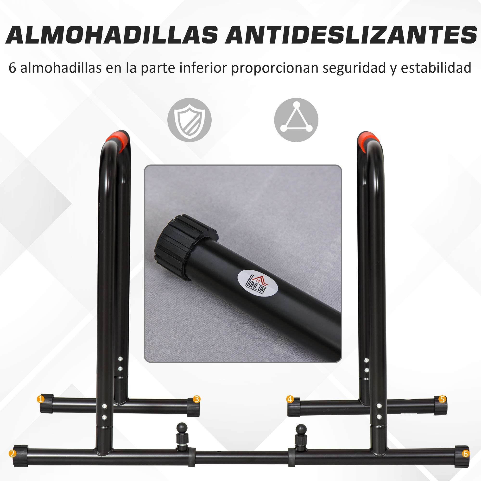 HOMCOM Barras Paralelas Ancho Ajustable Dip Station para Calistenia y Entrenamiento Gimnasio con Asas Antideslizantes de Acero 94-102x62x73 cm Negro