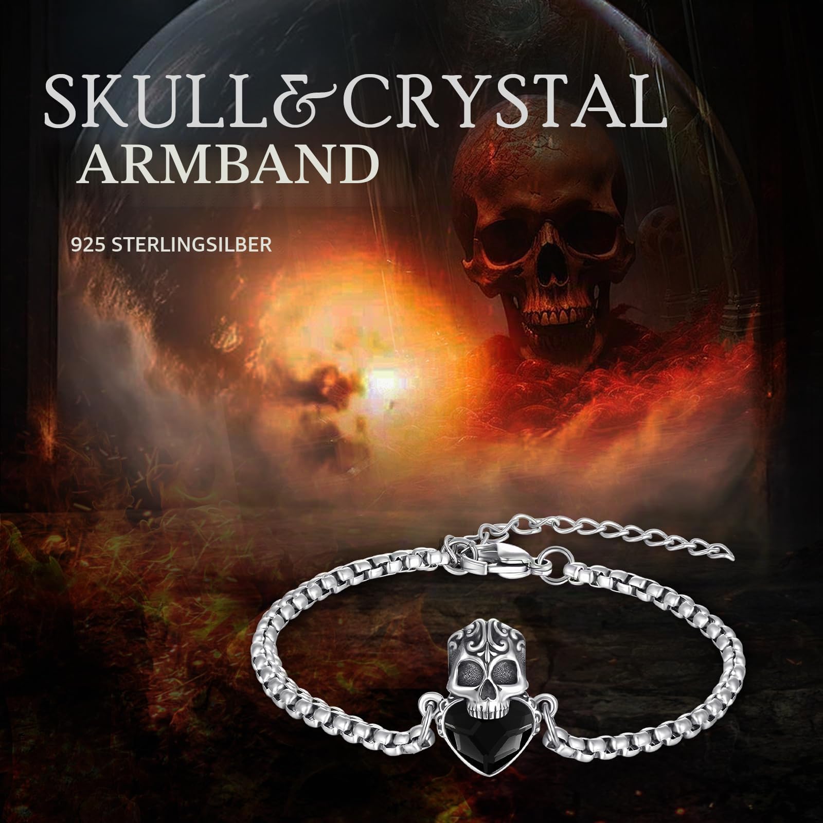 Totenkopf Armband 925 Sterling Silber Totenkopf Armband mit Rotem/Blauem/Schwarzem/Grünem Kristall Gothic Totenkopf Punk Schmuck Geschenke für Frauen Männer Mädchen Jungen, mit Edelstahlkette