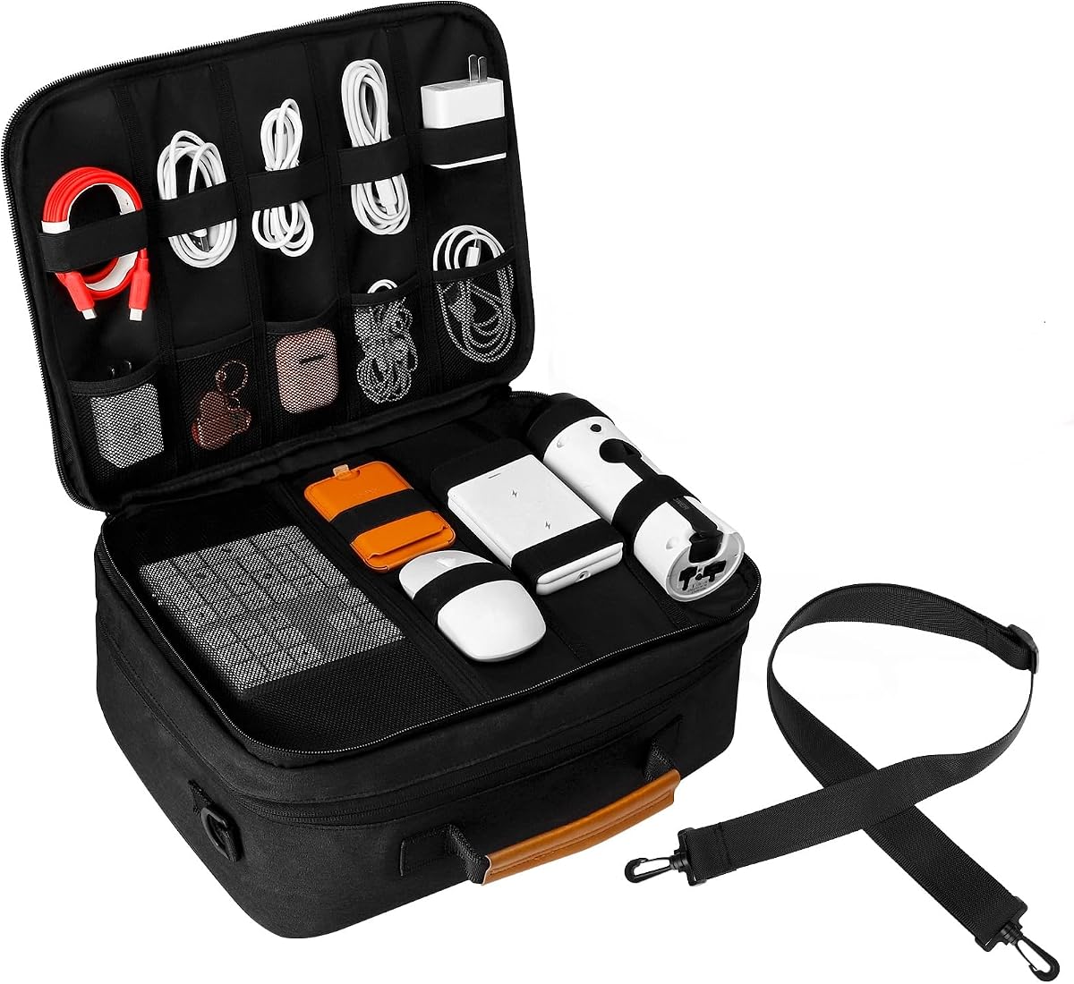 Estuche de viaje organizador de electrónica extra grande, bolsa organizadora de cables con correa para el hombro, almacenamiento de accesorios electrónicos Bolsas de doble capa para cable, tableta, auriculares, cargador, herramientas, regalos de DJ-negro