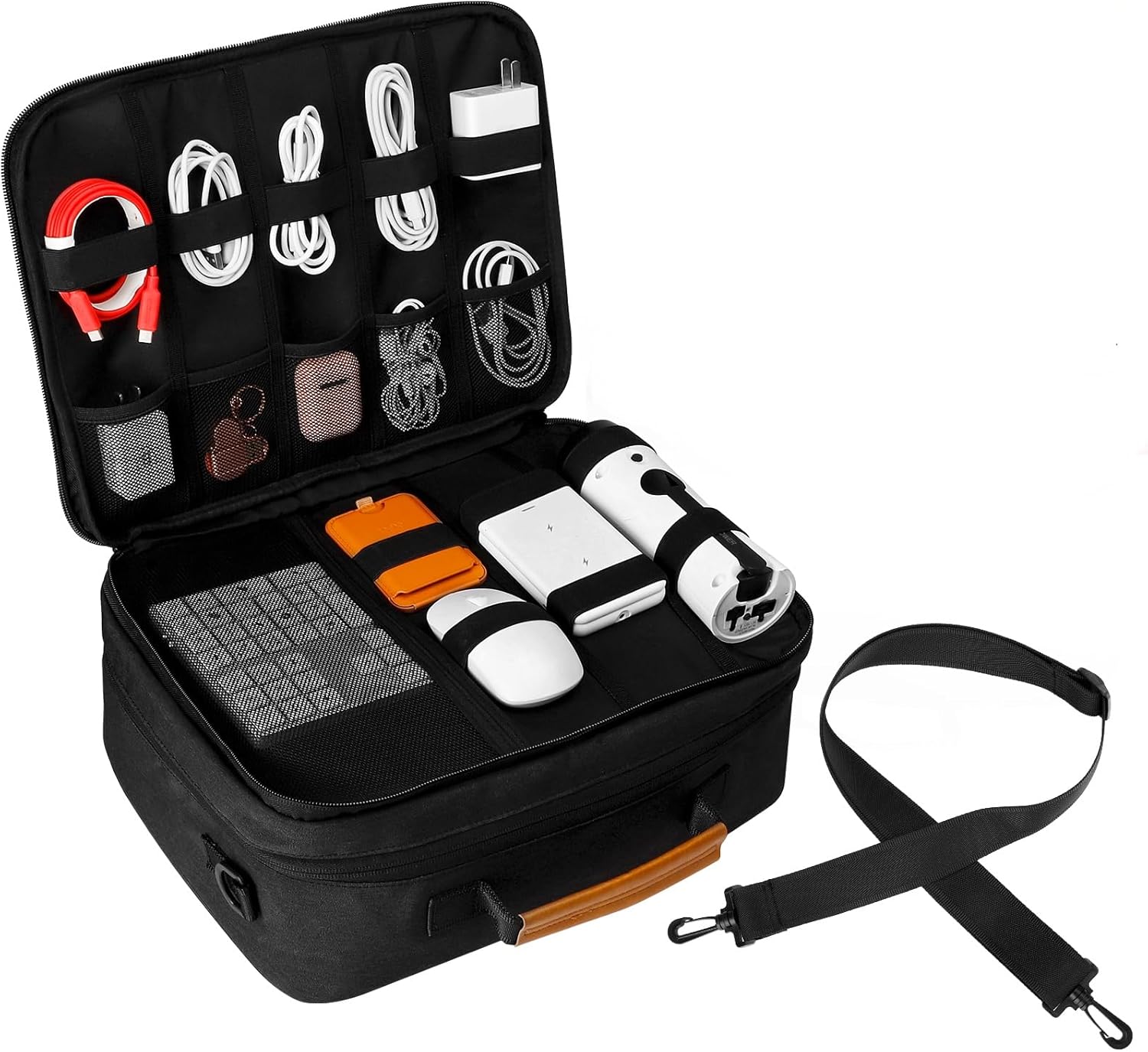 Extra Large Electronics Organizer Travel Case, Cable Organizer Bag with Shoulder Strap, Electronics Accessories Storage Double Layer Bags for Cord, Tablet, Headphone, Charger, Tools, DJ Gifts-Black