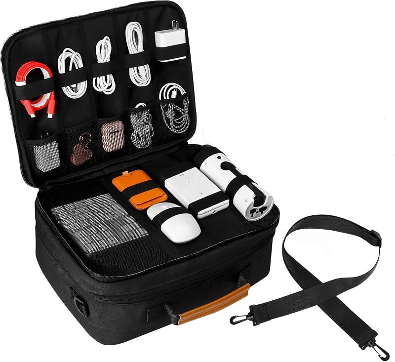 Estuche de viaje organizador de electrónica extra grande, bolsa organizadora de cables con correa para el hombro, almacenamiento de accesorios electrónicos Bolsas de doble capa para cable, tableta, auriculares, cargador, herramientas, regalos de DJ-negro