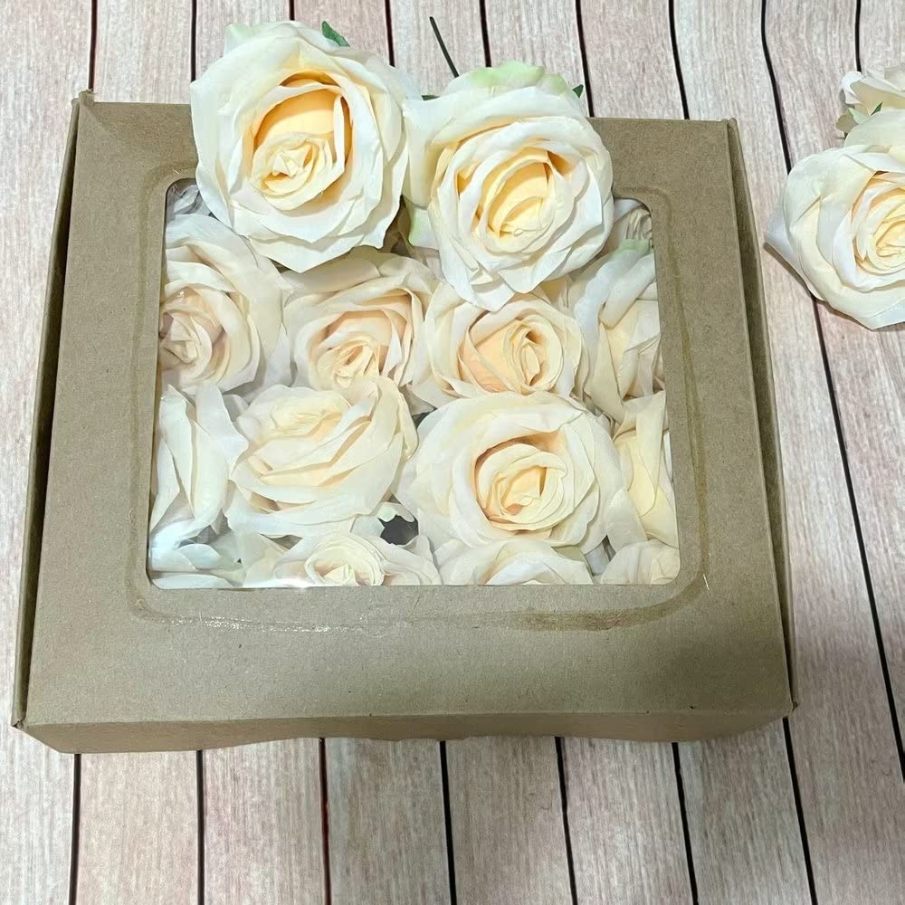 hohrayway Artificial Flowers Roses 16pcs, Silk Flower DIY,Rose Head Flower Box Set,Head Artificial Rose, Wedding Bouquets Centerpieces Party Home Decoration,Flower Wall Panel (Champagne)