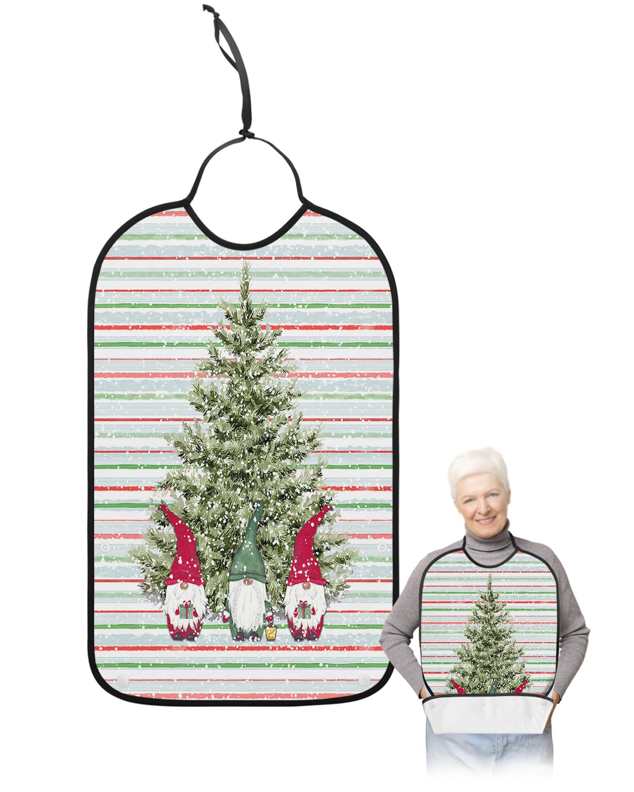 Adult Bibs for Elderly Women - Christmas Tree Gnomes Waterproof Dining Clothing Protectors with Crumb Catcher for Eating/Feeding, Green Red Striped Winter Snowflake Terry Cloth Bib Machine Washable