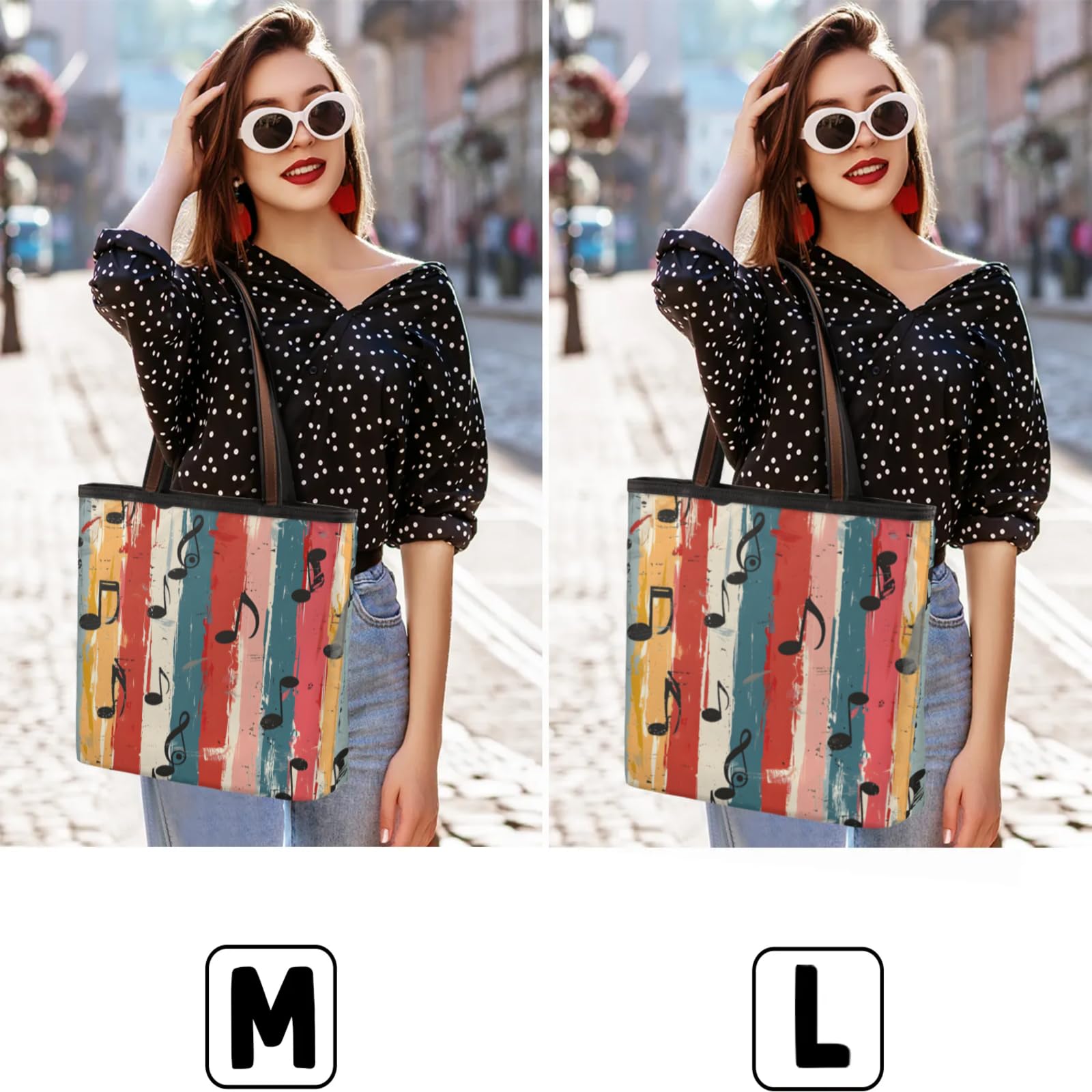 Vintage Striped Musical Notes Tote Bag Multi Pocket Zippered Beach Bag Lightweight Waterproof Handbag for Women Men Work Gym Travel Swimming Yoga Grocery Shopping M