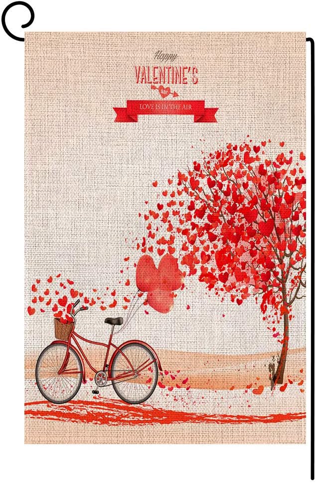 BLKWHT Happy Valentine's Day Garden Flag Vertical Double Sided Red Love Heart Bicycle Yard Outdoor Decorative 12.5 x 18 Inch