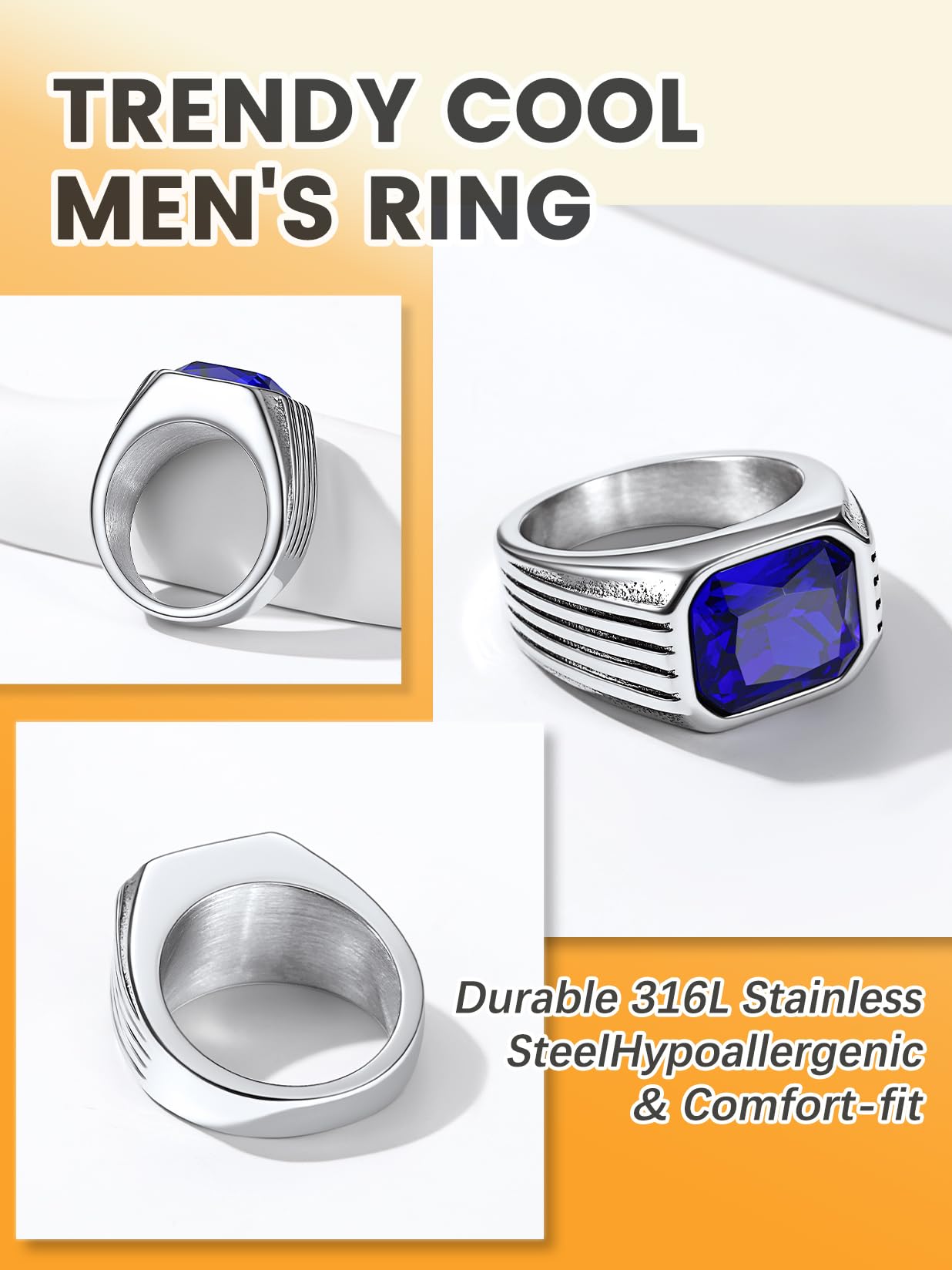 Bestyle Bague homme pierre rubis/saphir/émeraude/onyx noir, bague punk cadeaux garçon avec taille 54-72