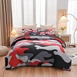 Meeting Story Camouflage Bedding Set, Colorful Pattern Style Comforter Set, 5 PCS One Comforter Two Pillowcases Two Sheets in One Bag, All Season Bedspread for Teens Adults (Red-Black, Full 5Pcs)