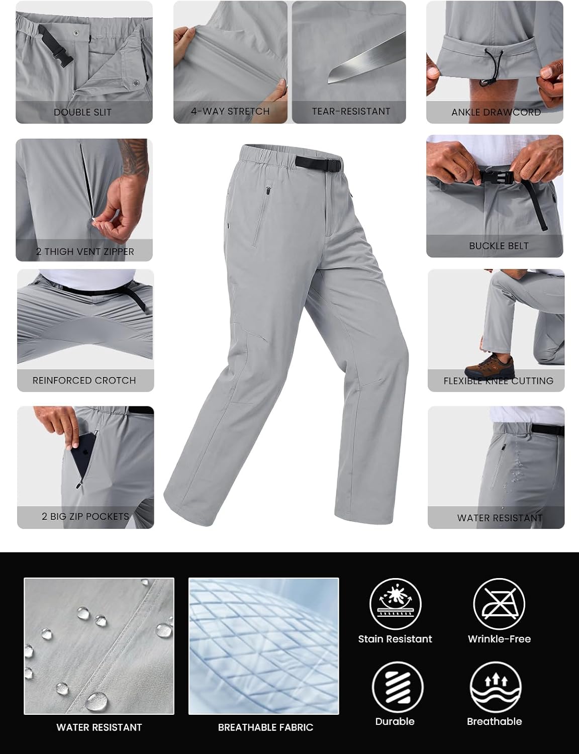 Auxo Hiking Pants Men Lightweight Quick Dry Waterproof Pants with Zipper Pockets & Buckle Belt for Outdoor Work Travel