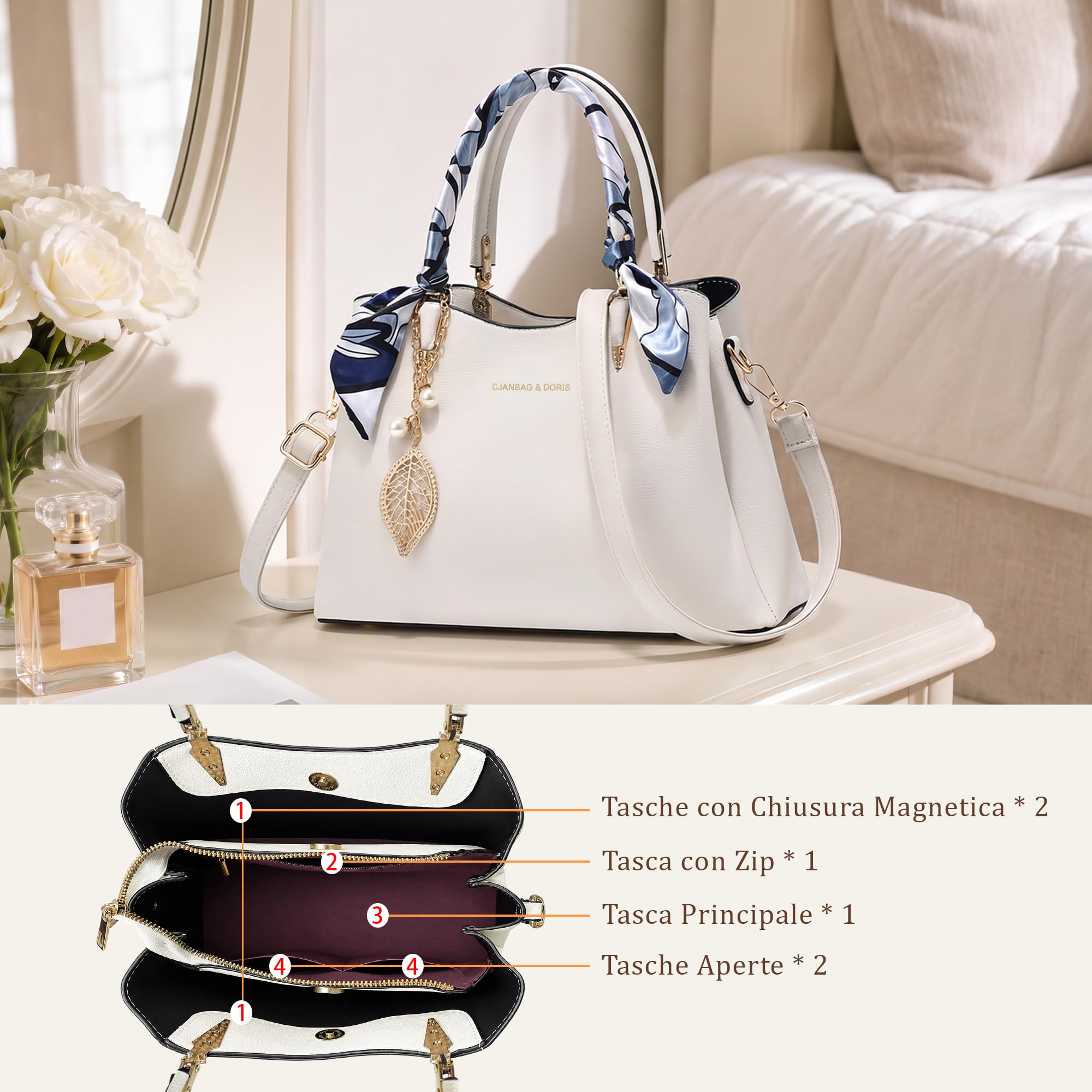 Borsa Donna Borsa a Mano con Squisito Ciondolo Elegante Borsetta Tracolla Pelle PU Borse a Spalla per Festa Shopping Viaggio Bianco