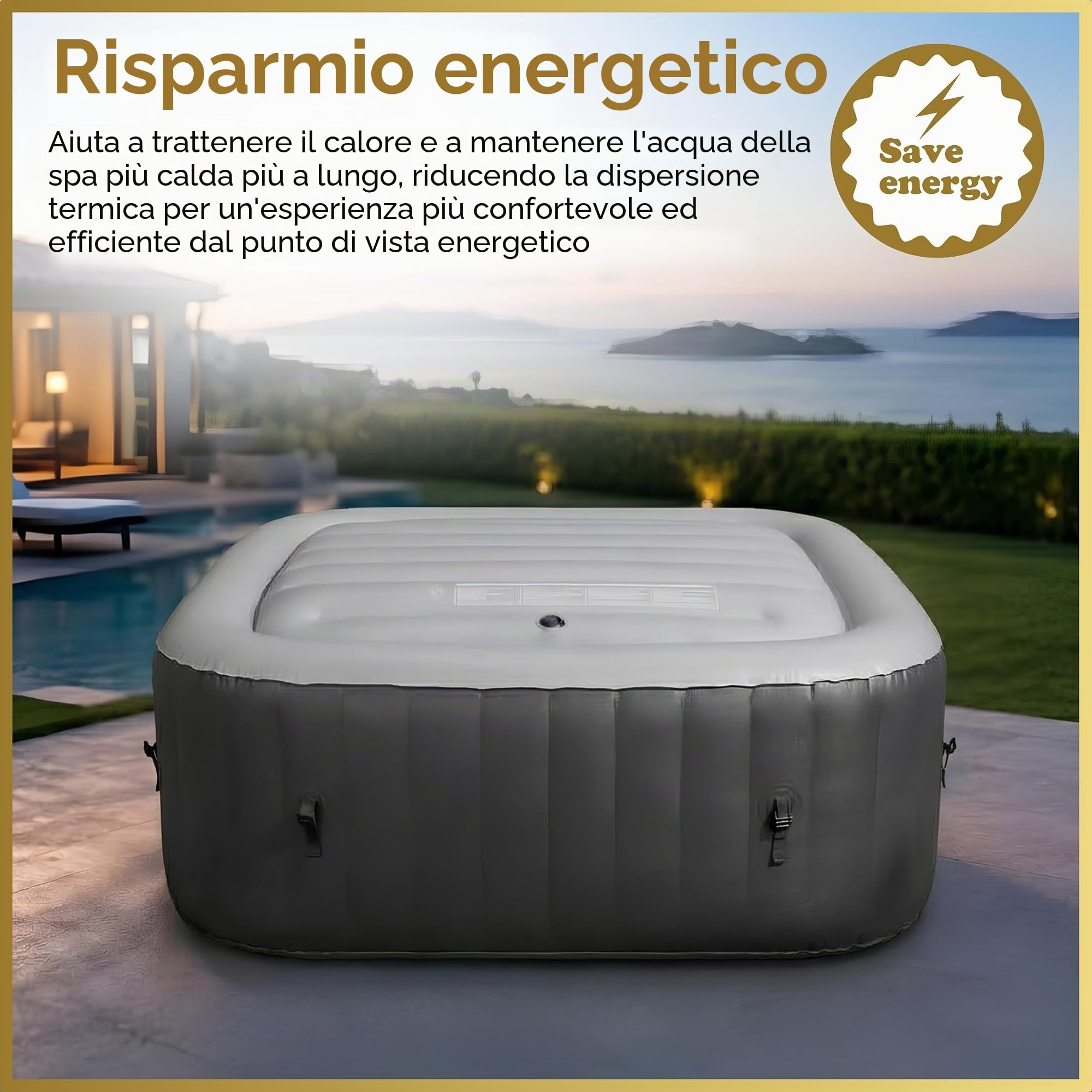 Copertura per spa a risparmio energetico, coperchio gonfiabile, protezione contro pioggia e troppopieno, tecnologia isolante termica, vescica quadrata adatta a tutte le vasche idromassaggio quadrate