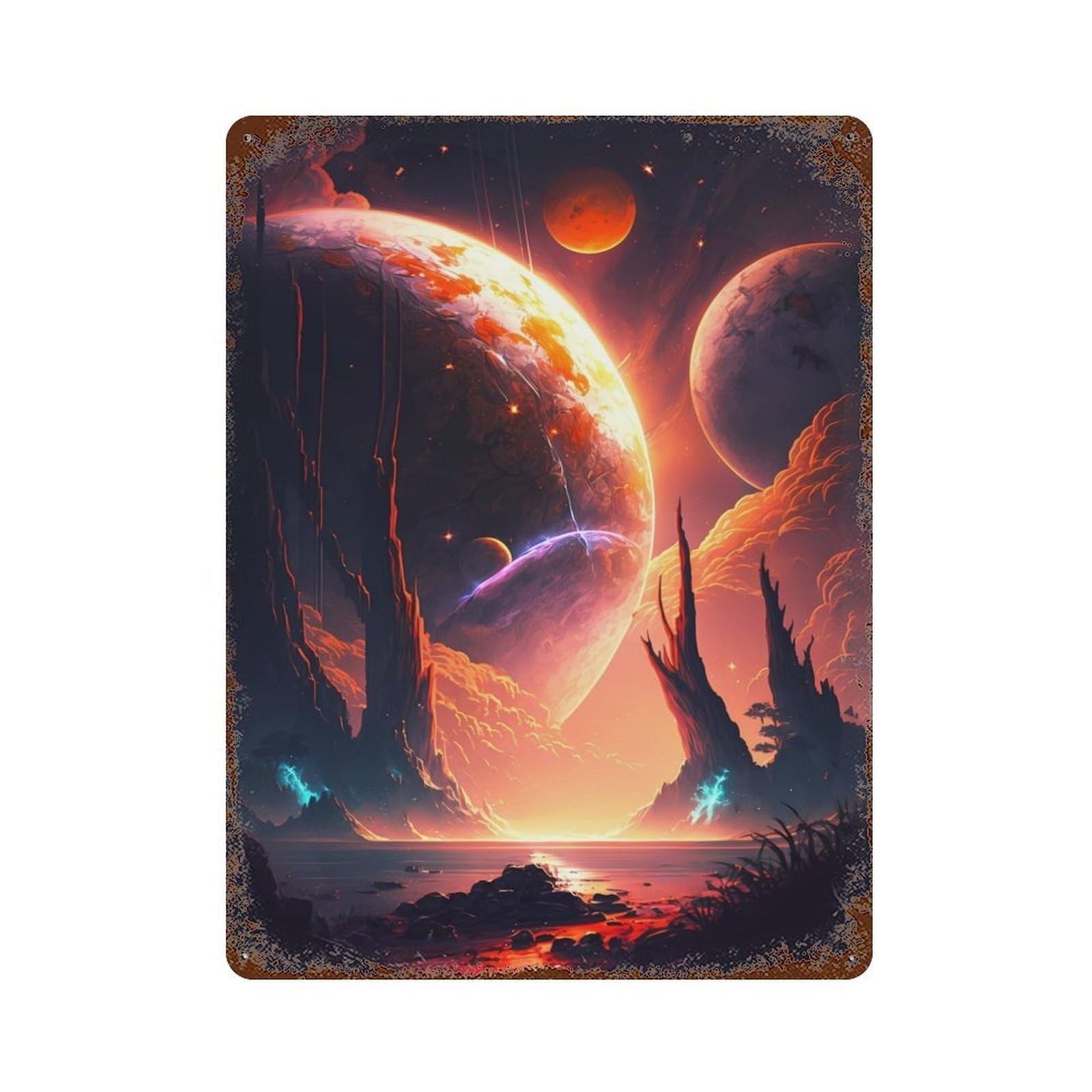 Rust Effect Lake Of Planets Landscape Decorative Tin Sign 15.7"x11.8", Classic Wall Plaque for Pub, Kitchen And Man Cave Decor